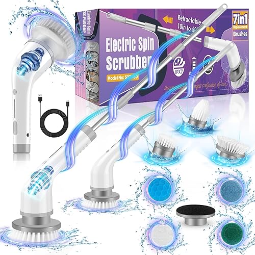 Limpiador giratorio de energía eléctrica recargable con 7 cabezales de cepillo reemplazables, limpiador de ducha eléctrico inalámbrico con mango