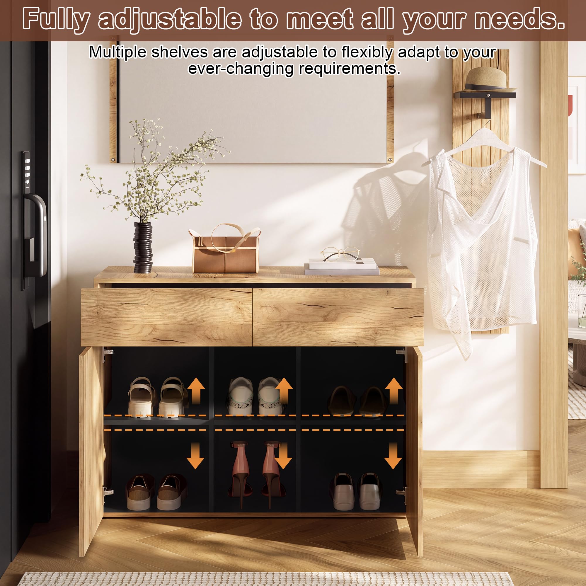 Set guardaroba con specchio, asta appendiabiti e scarpiera, combinazione corridoio con 2 cassetti, scomparti aperti, per ingresso e ingresso, effetto legno/nero, 125 x 35 x 178 cm, nero +