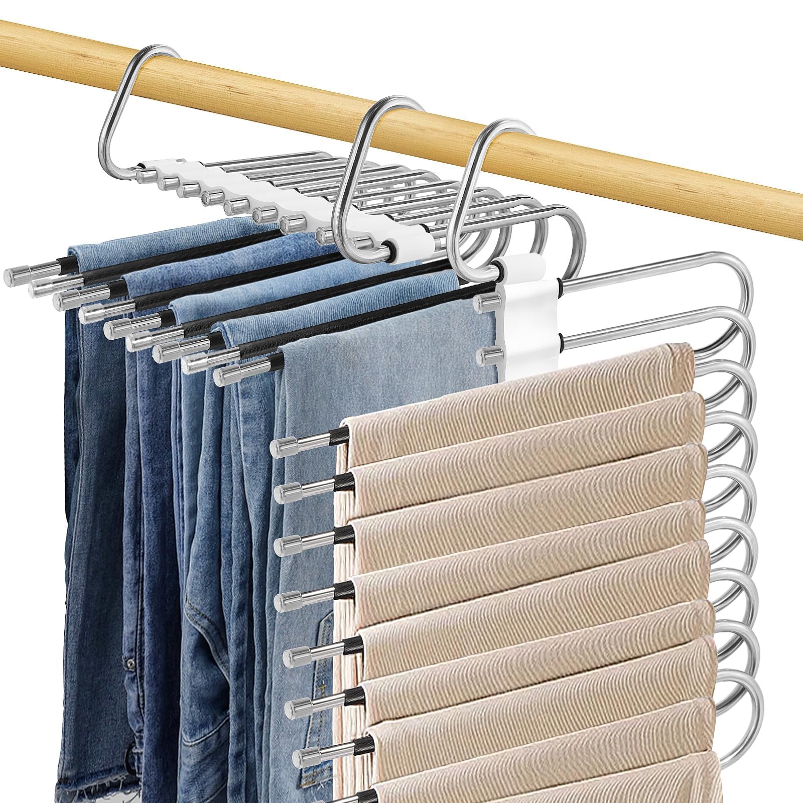 COOLive 1 Pack 9 Layers Pants Hangers Space Saving - Non Slip Stainless Steel Multifunctional Pants Rack, Clothes Closet Storage Organizer for Pants Jeans Trousers Scarf Hanger