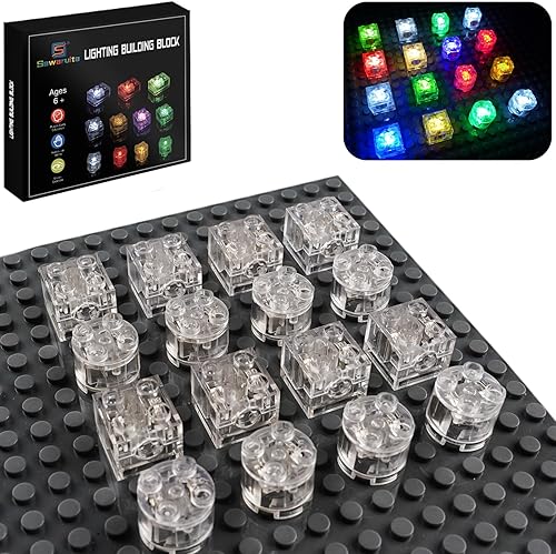 Sawaruita Juego de 16 ladrillos de construcción con luz LED multicolor, juego clásico transparente de 2 x 2 x 3 para bloques de construcción,