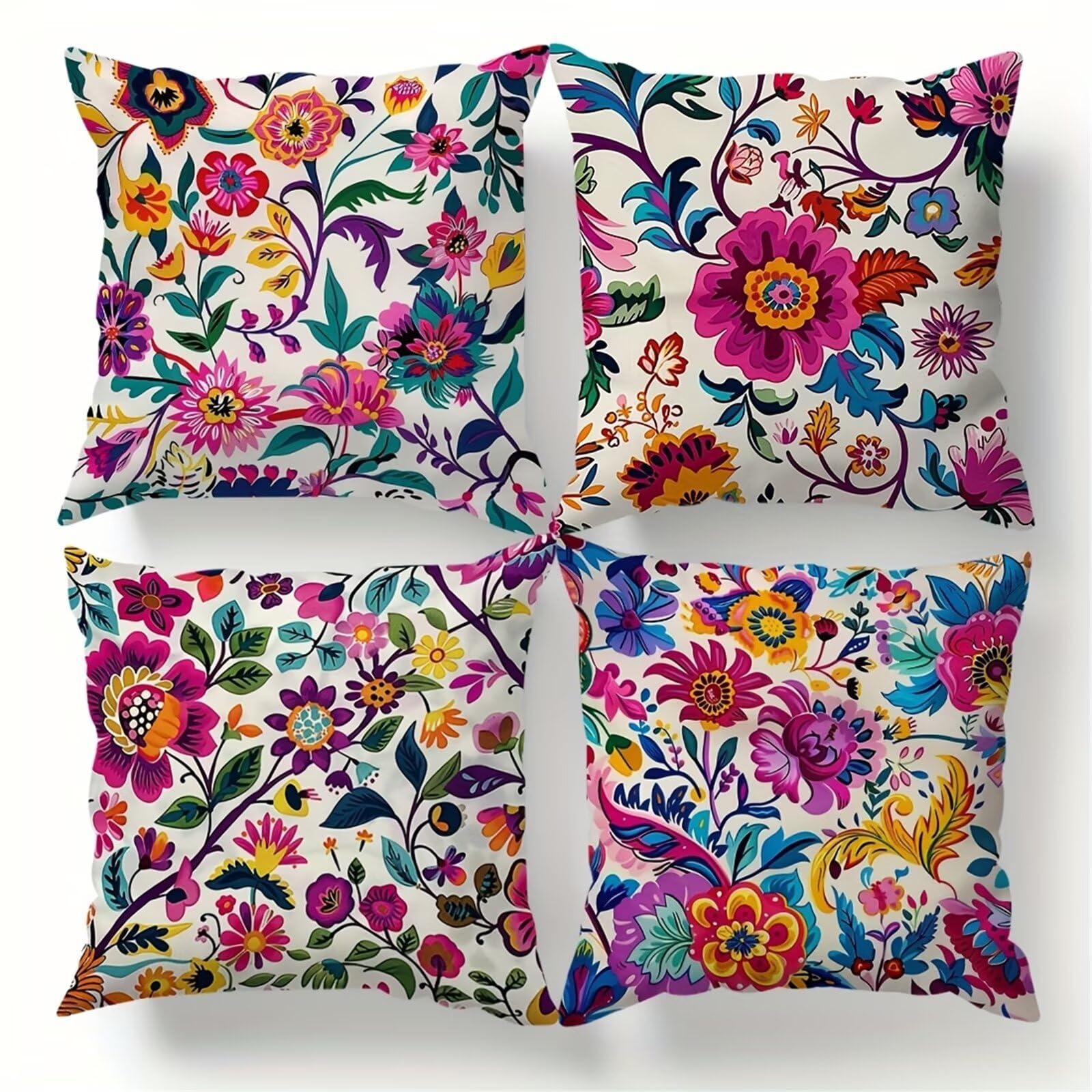 QiHon Cushion Covers 60x60 cm Set of 4 Purple Wildflowers Linen Square Pillow Cases 24x24 inch Modern Decorative Throw Pillow Covers for Sofa Couch Bedroom Home Office with Invisible Zipper