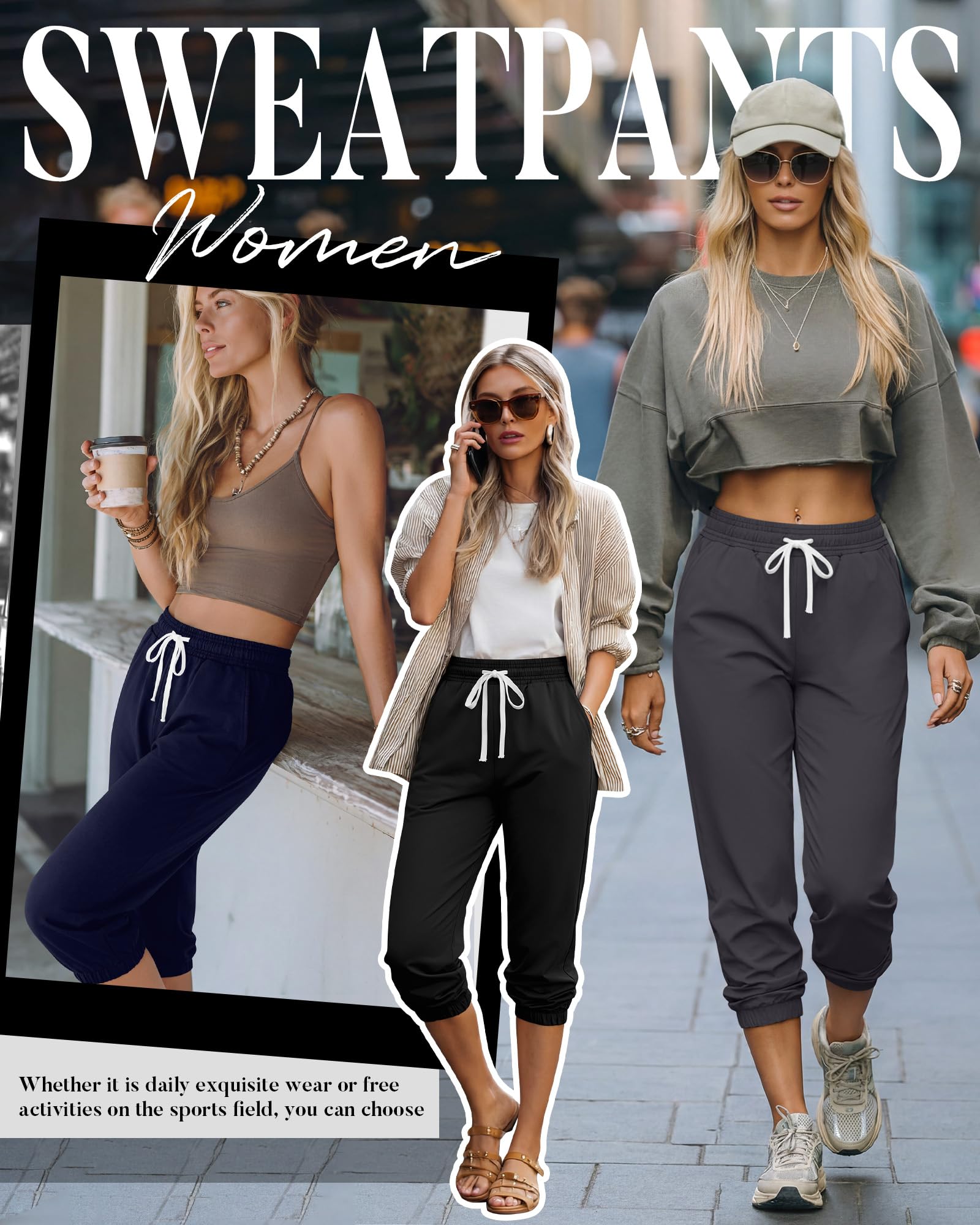 Ficerd Ensemble de 3 Pantalons de Survêtement Capri pour Femme Pantalon de Tapered Jogging Court et Décontracté pour L'été Taille Haute avec Poches
