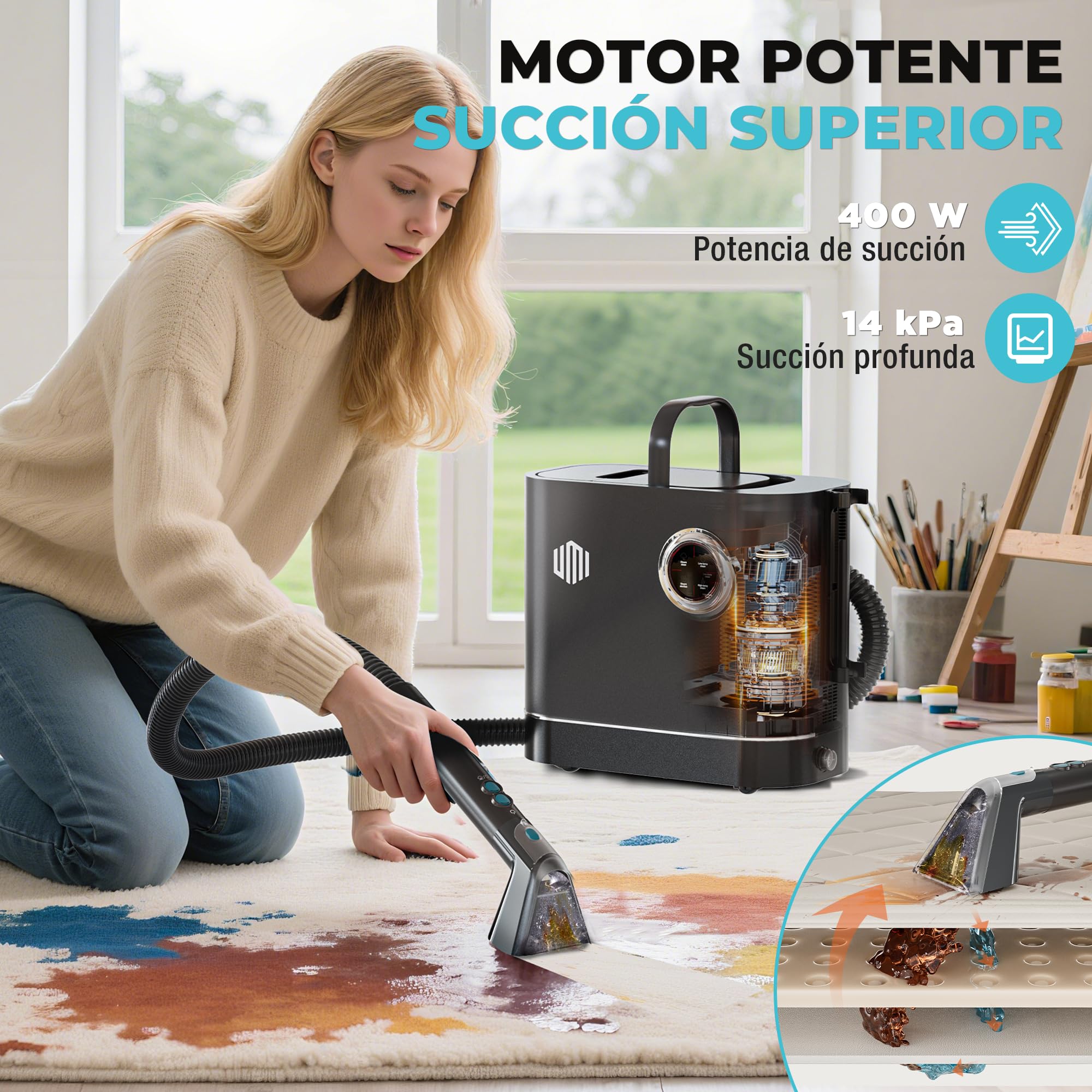 UMI Limpiador a Vapor y Aspiradora de Tapicerías, Limpieza Profunda | con 4 Modos, Calefacción 1200W, con Detergente y Cepillos, Para Sofás Colchones Alfombras, Depósitos 1,2L y 1,1L