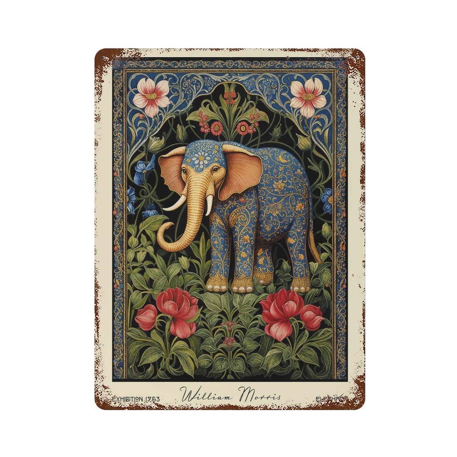 William Morris Elephant Floral Rust Effect Tin Sign 15.7"x11.8", Vintage Wall Decor for Pub, Kitchen And Man Cave Decor