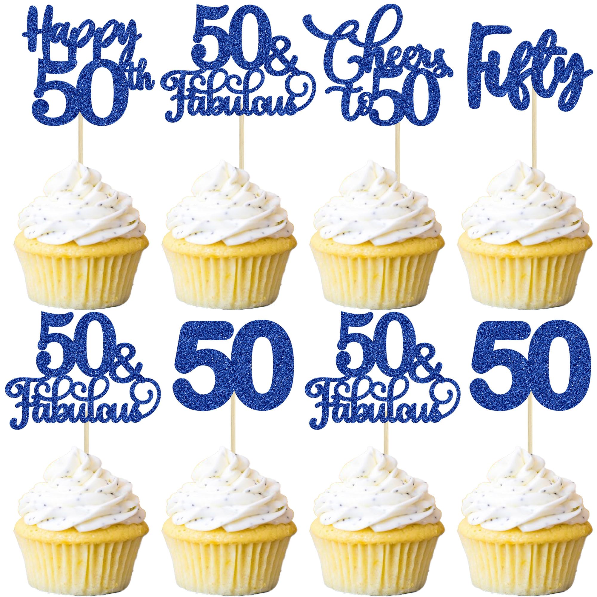 30 Pack Happy 50th Birthday Cupcake Toppers Dark Blue Glitter Fifty Cheers to 50 Years Old Birthday Cupcake Picks for 50th Anniversary Party Cake