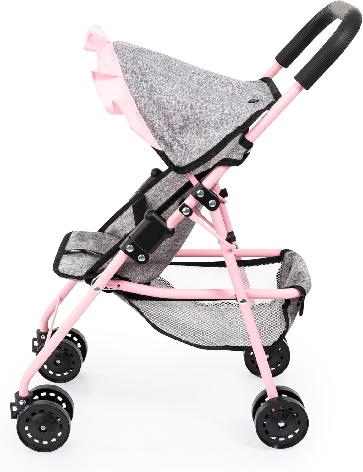 Bayer Design Doll Stroller - Folding Buggy with Canopy, Grey-Pink-Butterfly, Dolls up to 16in, Storage Basket, Kids 3+