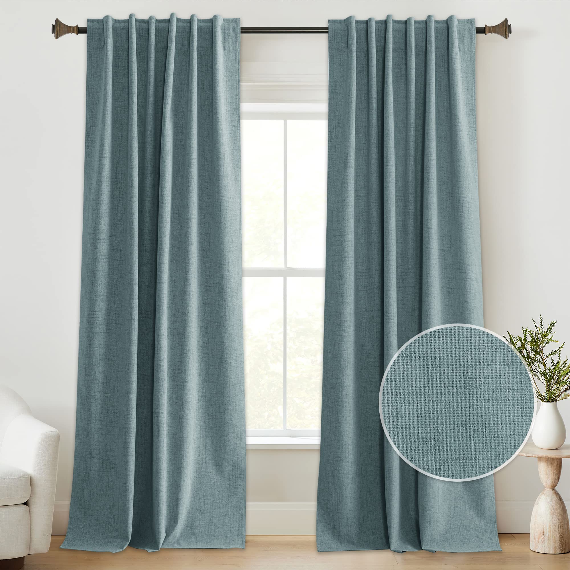 StangH 100% Blackout Curtains 90 inches Long, Linen Textured Farmhouse Curtains for Bedroom Thermal Insulated Living Room Window Treatment Back Tab Rod Pocket, Slate Blue, W52xL90, 2 Panels