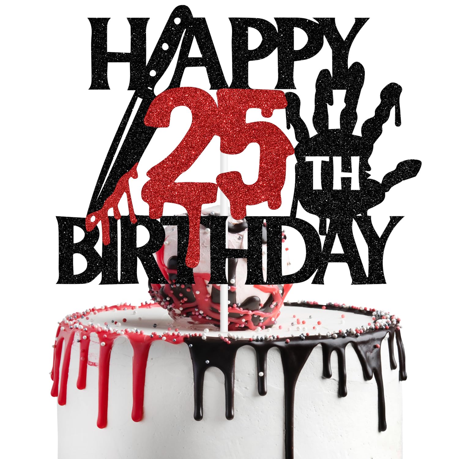 Black Glitter Killer Happy 25th Birthday Cake Topper, Halloween Zombie Vampire Bloody Friday Birthday Décor, Halloween Horror Themed 25th Birthday Party Decorations