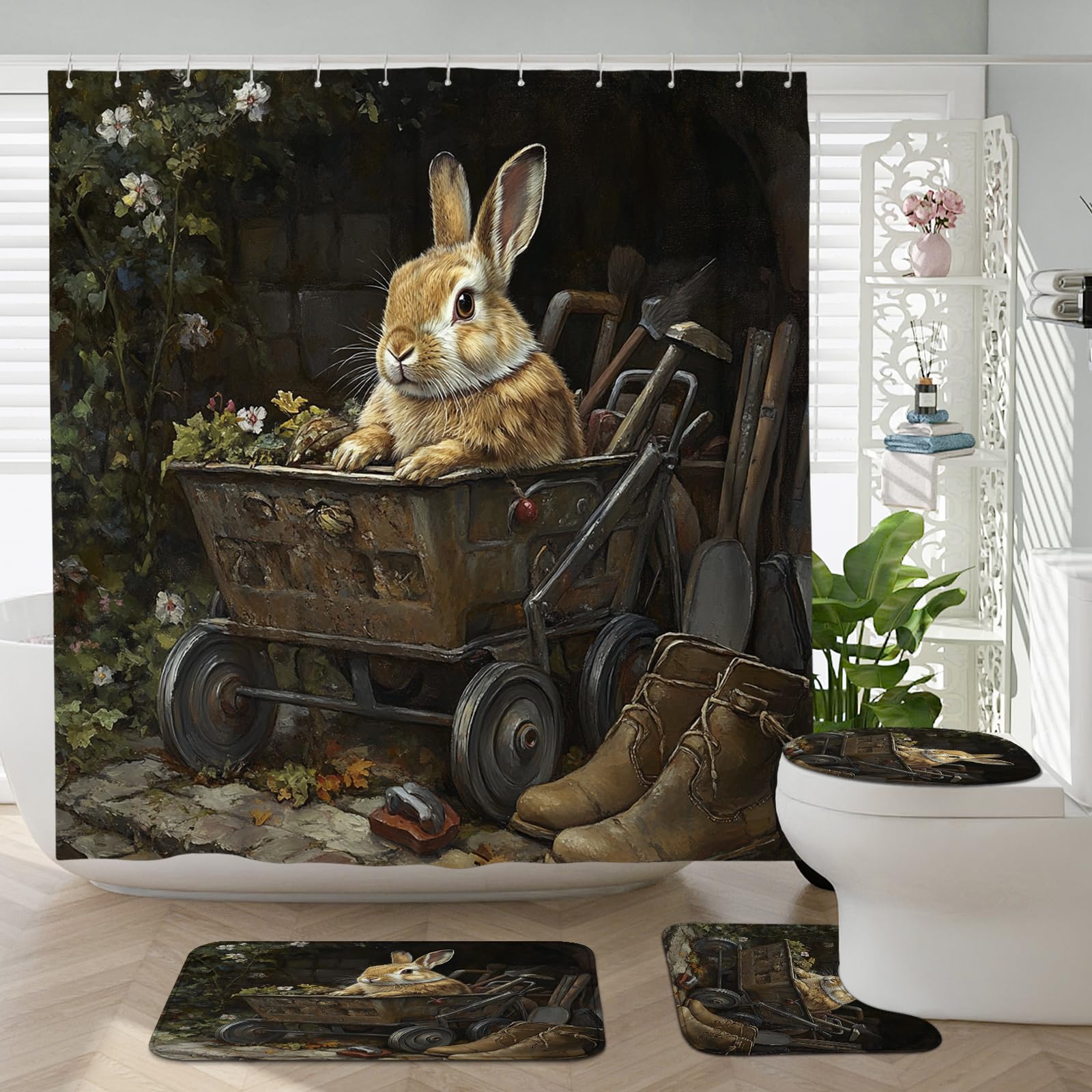 4PCS Cute Handcart Bunny Bathroom Accessory Sets with Non-Slip Rug, U Shape and Toilet Lid Cover Mat, Farmhouse Boot Wildlife Bathroom Fabric Decor-72''x72''