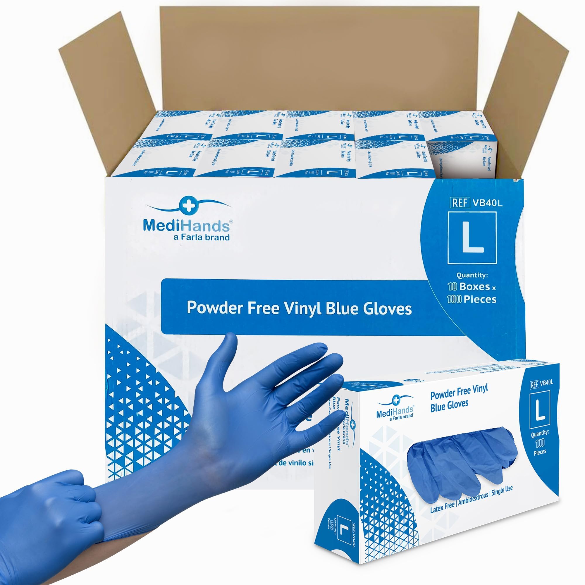 MediHands Vinyl Blue Large Vinyl Examination Gloves - Case of 1000 Disposable, Powder-Free, Latex-Free, Protein-Free Medical Gloves - Multi-Purpose, Single-Use