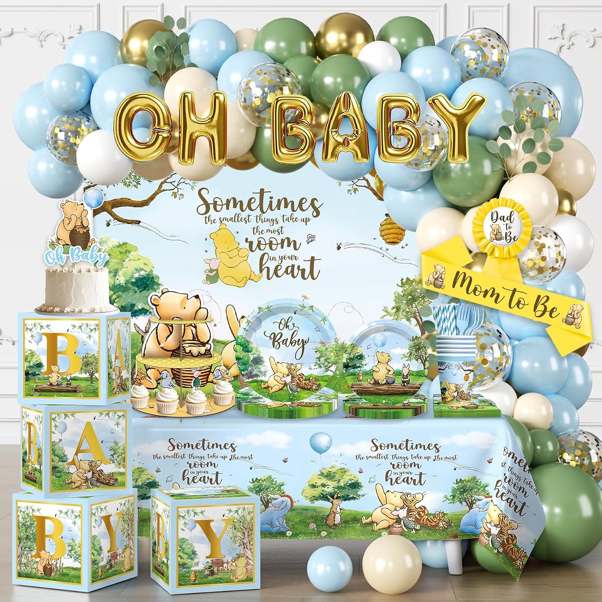 Classic Bear Baby Shower Decorations Boy Blue Oh Baby Decorations Kit | All-In-One Blue Bear Baby Shower Decorations Balloons Arch Backdrop Dinnerware Set Vintage Mom to Be Sash Baby Shower Decor