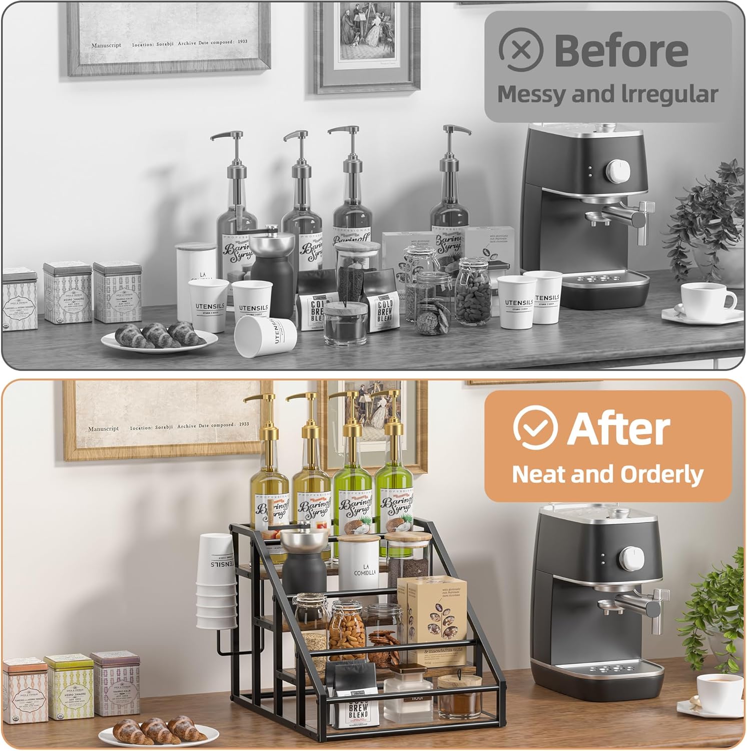 Coffee Syrup Rack Organizer, 4 Tier Countertop Storage Shelves, Kitchen Storage, 16 Syrup Bottle Stand Holder for Wine, Liquor, Kitchen Coffee Station Organizer Rack, 13.8"x16.9"x13.0", Rustic Brown