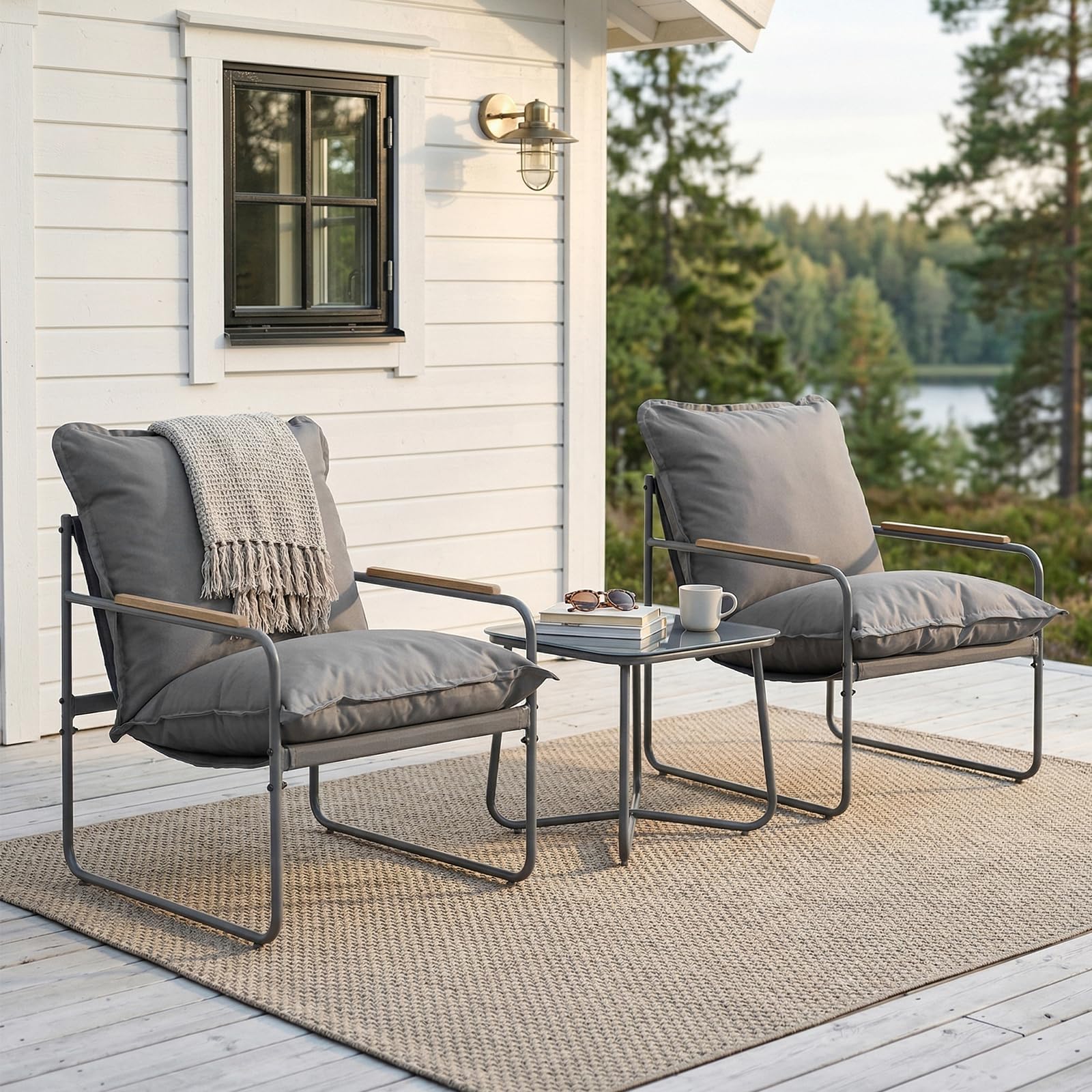 WOLTU Gartenmöbel Set 3-teilig 2 Sessel 1 Couchtisch und Kissen Balkonmöbel Metallrahmen 160kg Belastbarkeit Garten Balkon Möbel Klein Gartentisch mit 2 Stühlen, Grau