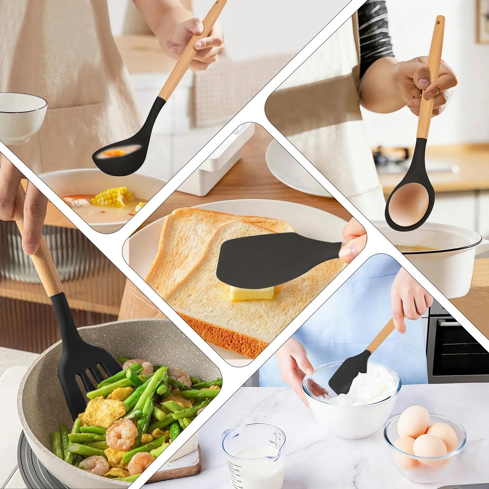 Utensili Cucina Silicone - 33 Pezzi Utensili Da Mestoli Cucina Silicone Con Manico In Legno, Senza Bpa, Resistenti Al Calore E Antiaderenti, Con Supporto E Mestoli, Con Fori Per Appendere, Nero