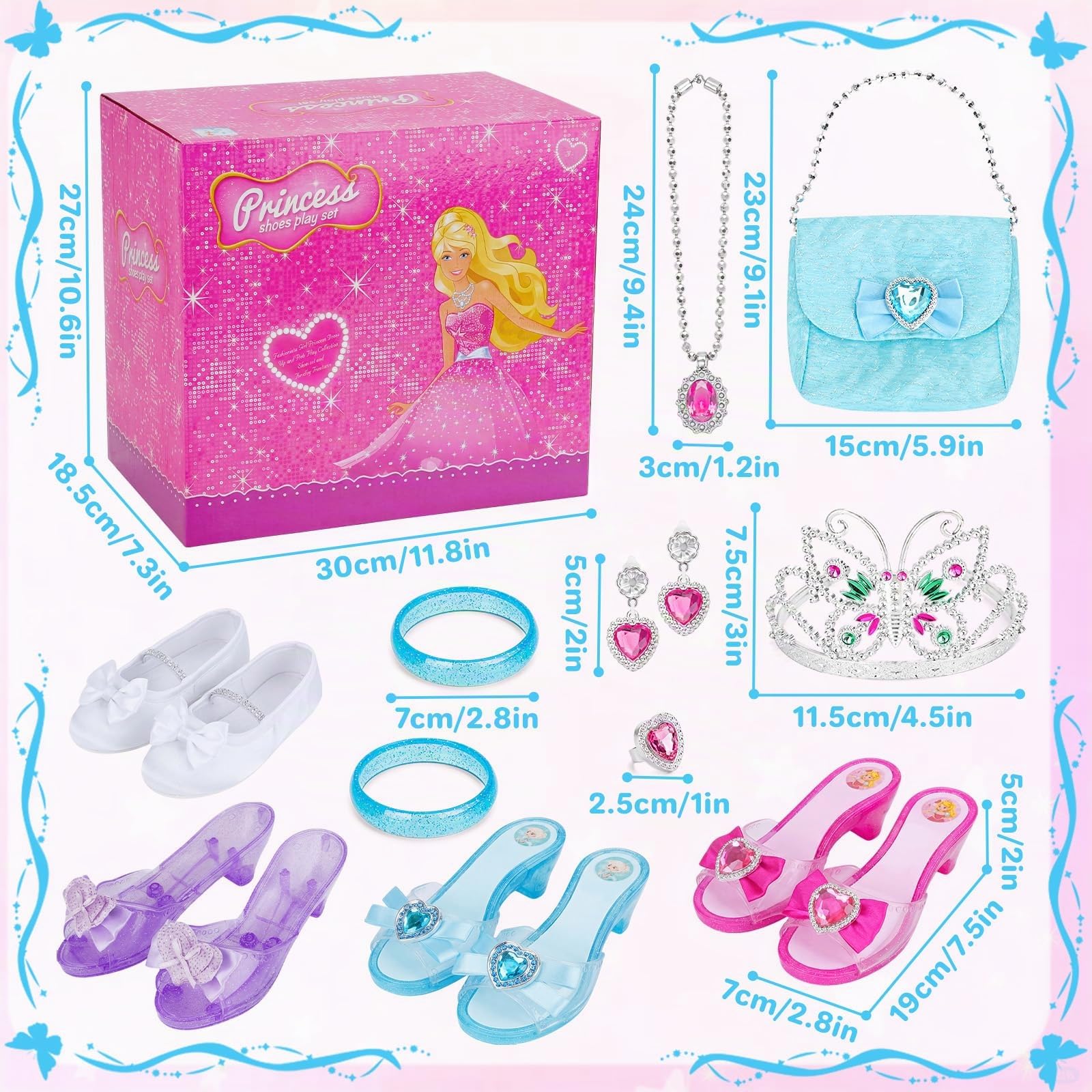 deAO Chaussures de Princesse avec 4 Paires de Chaussures de Jeu, 1 Sac à Main et Accessoires de Bijoux pour Filles âgées de 3, 4, 5, 6 Ans, Bracelets, Colliers, Boucles d'oreilles et diadème, Cadeau
