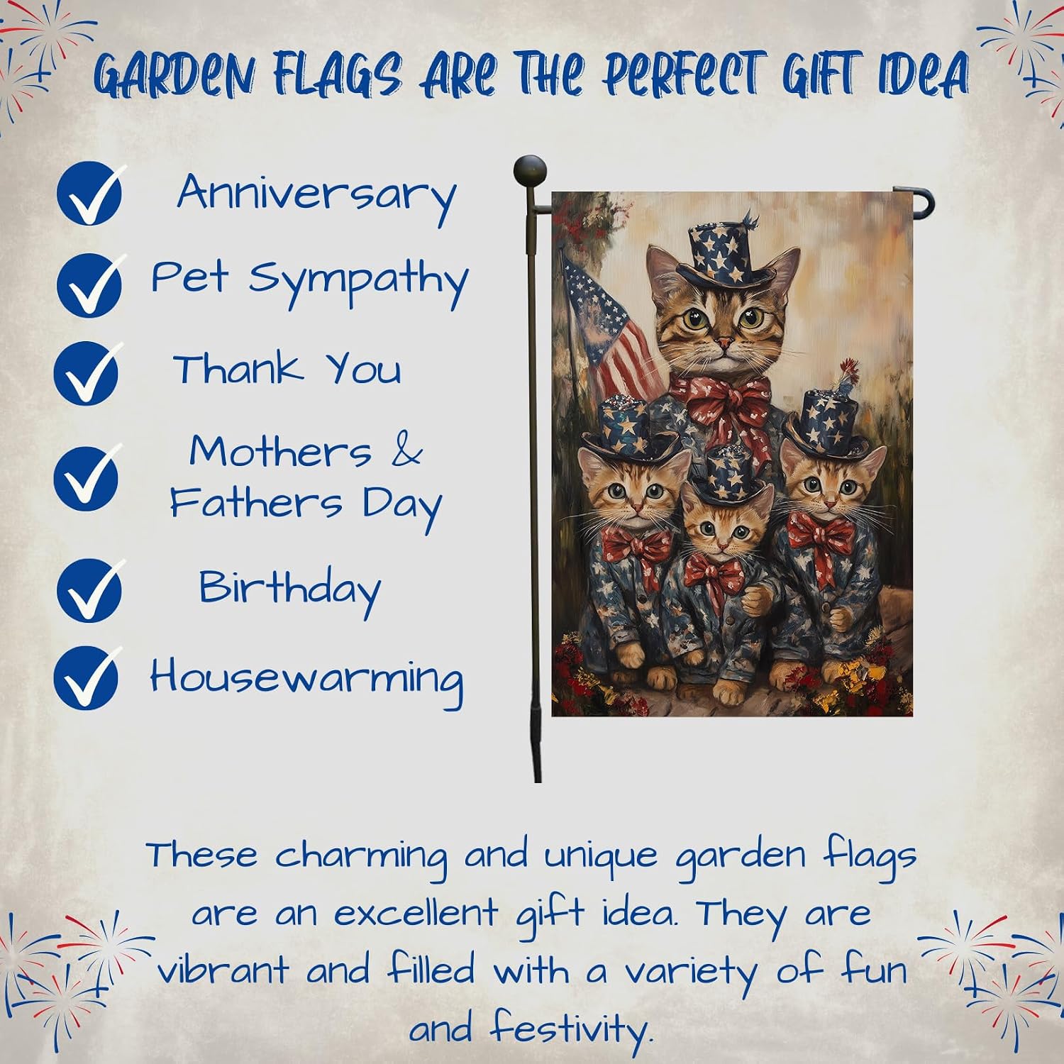 Bengal Cat 4th of July Independence Day Outfit Garden Flag – Personalized Patriotic Yard Decor with Cute Cats Outdoor Decoration for Lawn, Porch or Patio, 12 1/2"w x 18"h, Double Sided