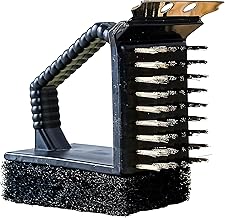 3 in 1 BBQ Cleaning Grill Brush and Steel Wire Scraper, Portable Barbecue Grill Cleaner with Sponge, Charcoal Grill Special Accessories Tools, Outdoor Camping Kitchen Home-RA020 - Black