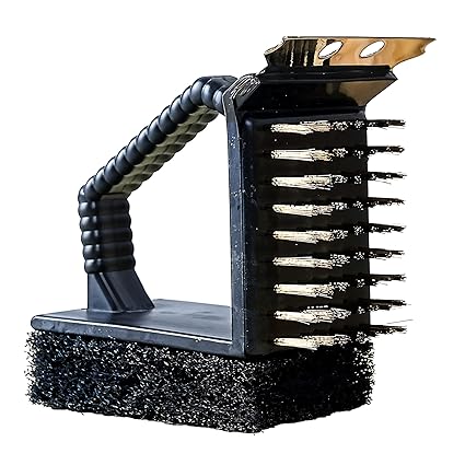 FRESHOME 3 in 1 BBQ Cleaning Grill Brush and Steel Wire Scraper, Portable Barbecue Grill Cleaner with Sponge, Charcoal Grill Special Accessories Tools, Outdoor Camping Kitchen Home-RA020 - Black