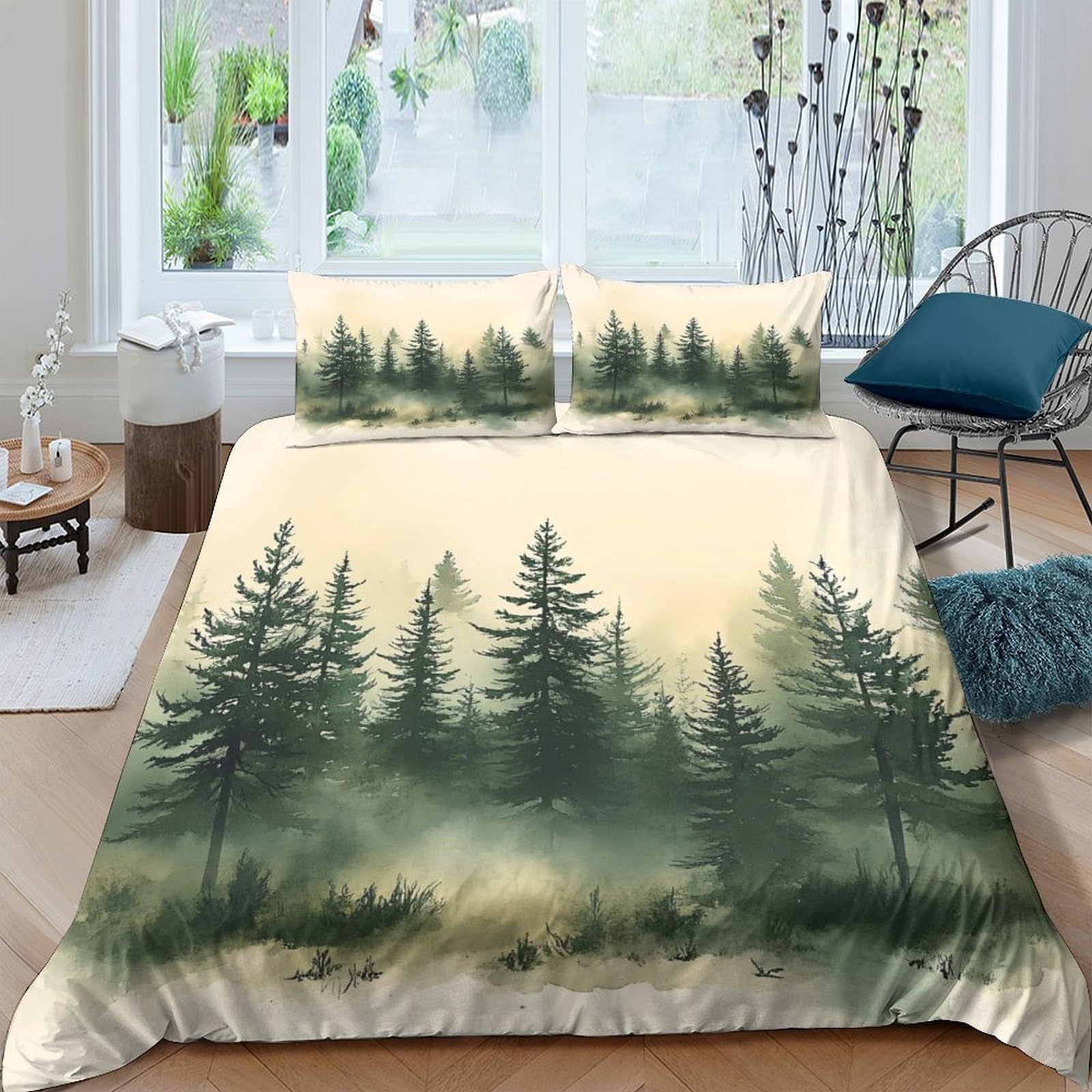 Ctjqhvkz Style-6 3D Printed Pine Forest Fitted Sheet Microfiber Soft Green Foggy Trees Bed Cover For Bedroom Guest Room Decor Mattress Protection Single（135X200cm）