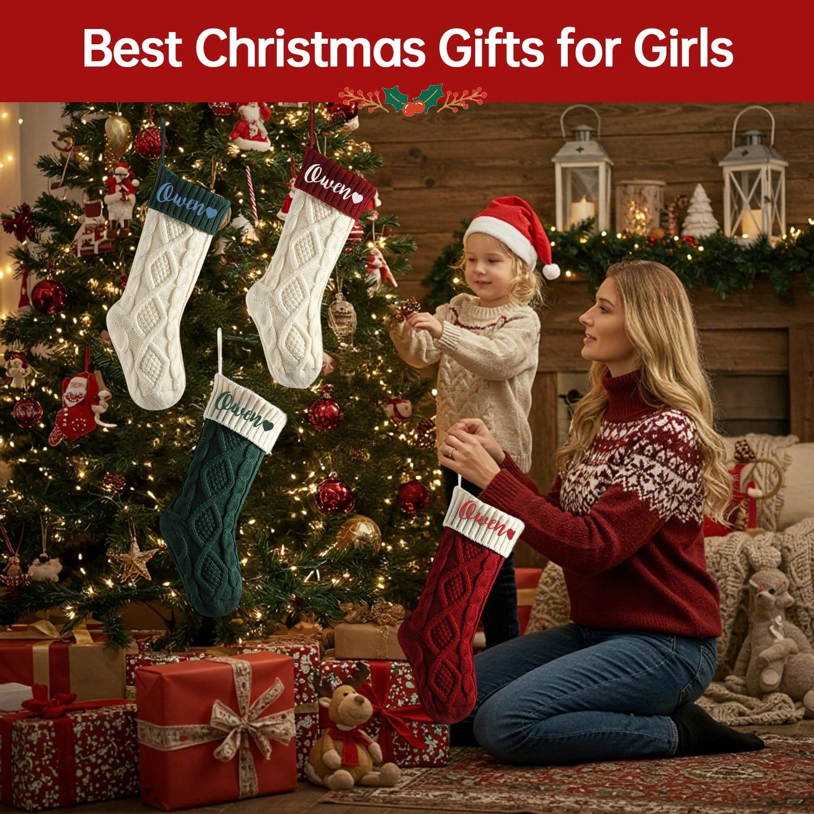 Personalisierte bestickte Namensstrümpfe, Weihnachten, benutzerdefinierte Namen, gestrickte Strümpfe für Kamin-Dekoration