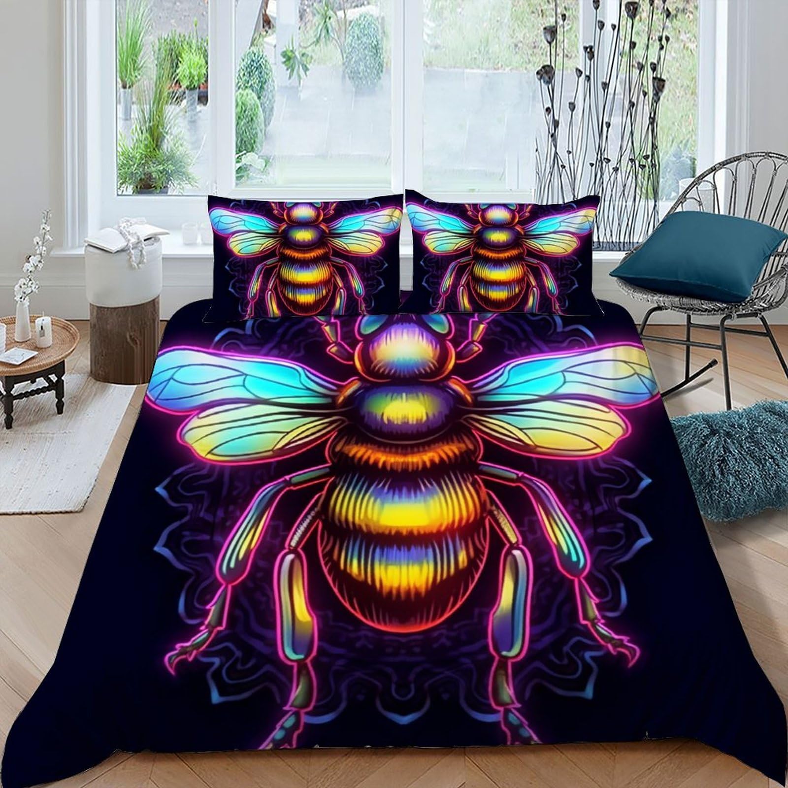 Housse de couette abeille avec fermeture éclair pratique pour lit 2 personnes