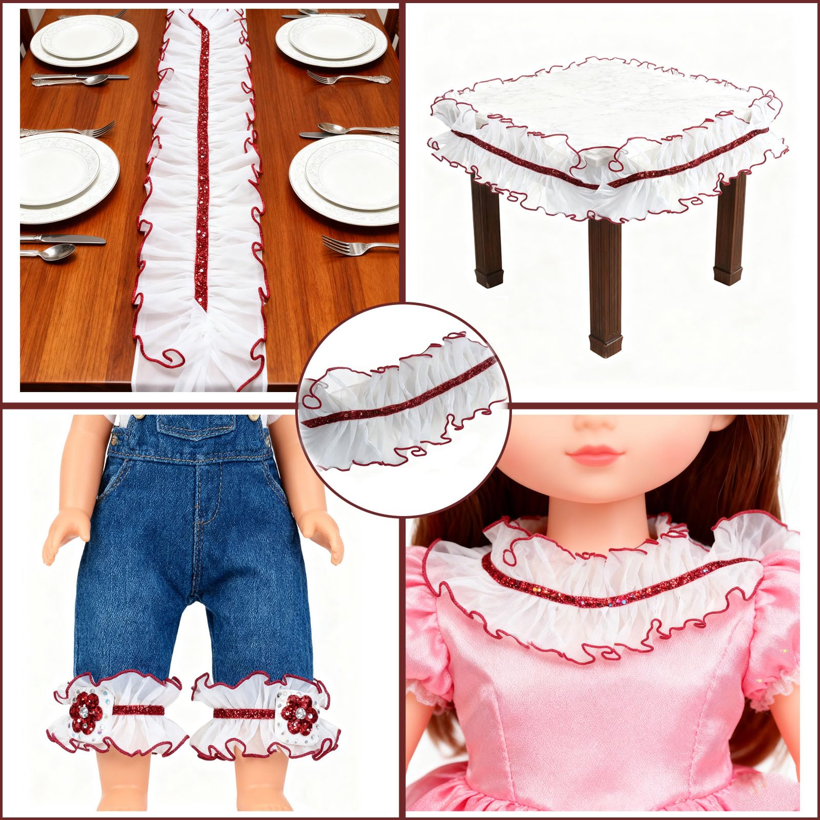 5 Yards 10cm Spitzenband Gerafftes Rüschen, Organza Rüschen Plissee Borte, Spitzenborte Weiß Zum Nähe, Mit Rot Ränder, Glitzer, Spitzenbesatz, für DIY Kleidung Hochzeit Scrapbooking