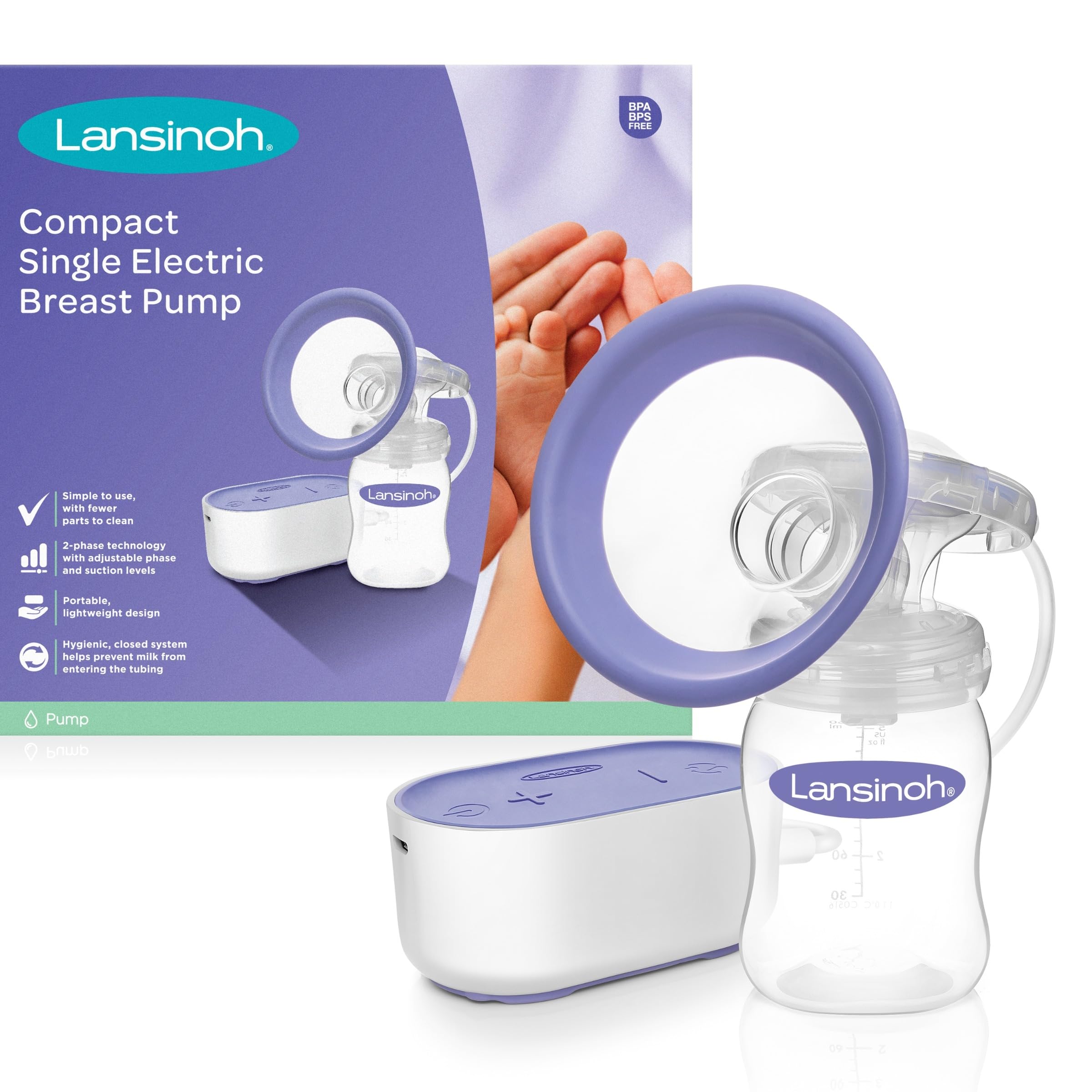 Lansinoh Breast Pump Compact Single Electric Breast Pump Breastfeeding Milk Breastpump, ComfortFit Breast Cushion, Let-Down & Expression Pumping Modes, Mains or Micro-USB Operated, Portable