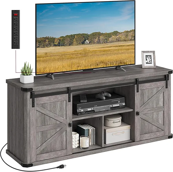 VASAGLE TV Stand for TVs up to 65 Inches, Farmhouse Entertainment Center with Sliding Barn Doors, TV Console Table for Living Room, Misty Gray ULTV324G68 58"L Misty Gray