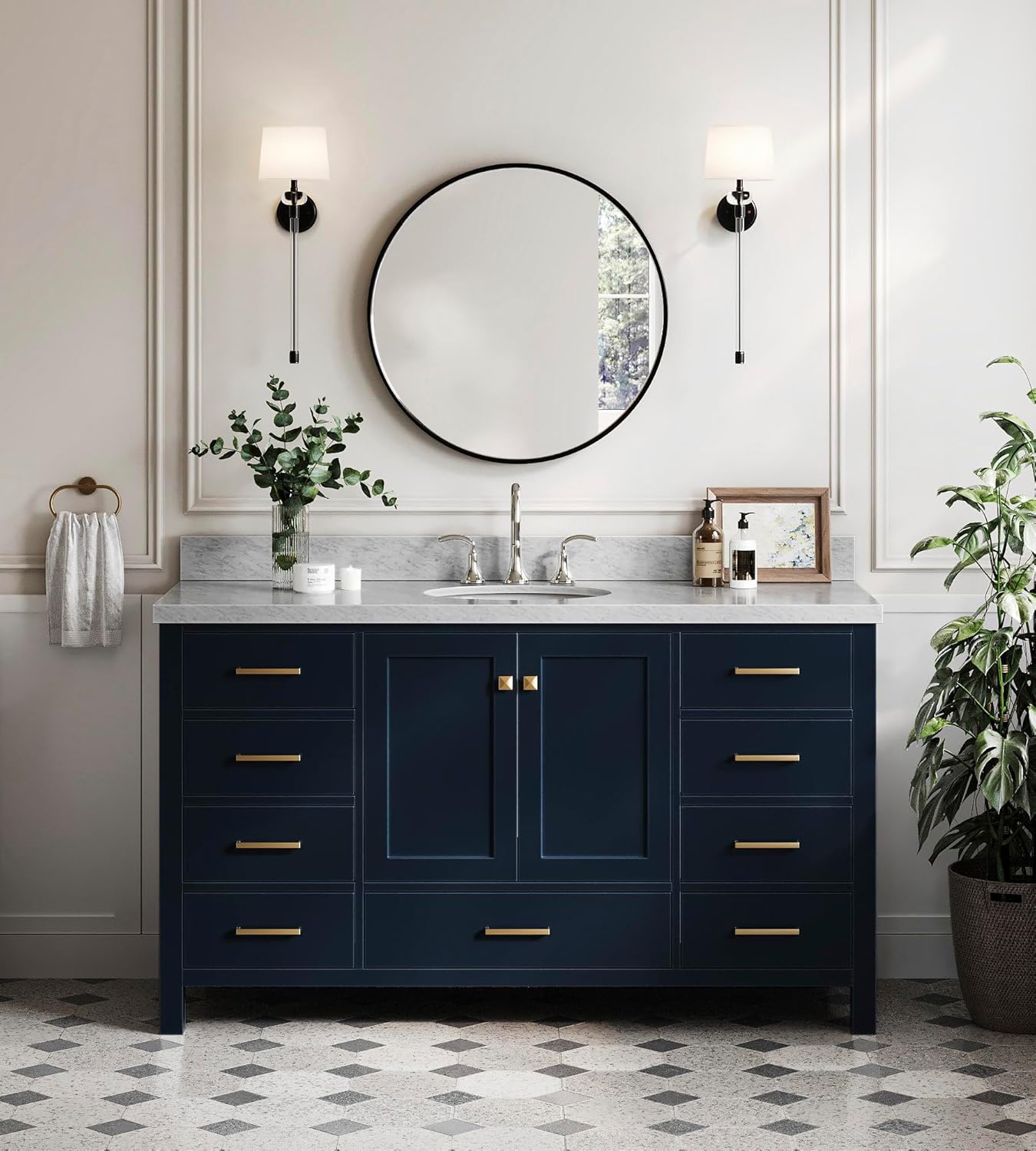 ARIEL Cambridge 60-inch Bathroom Vanity with Sink,Solid Wood, 1.5-inch Italian Carrara Marble Countertop, Single Oval Porcelain Sink, 2 Soft Closing Doors, 9 Dovetail Drawers, Midnight Blue