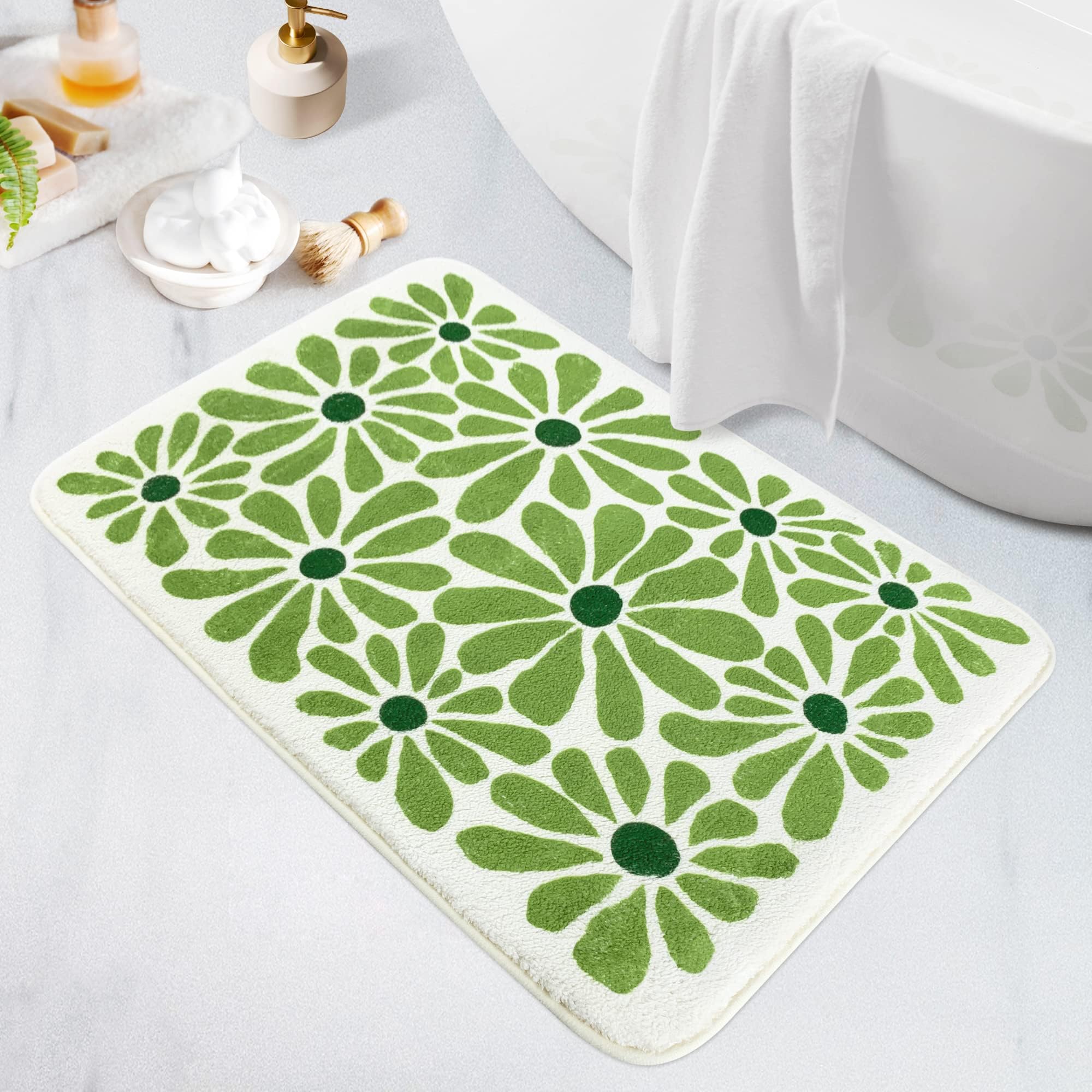 SHIYUEGreen Bathroom Rugs Bath Mat, Microfiber Fluffy Soft Floor Mats for Bathroom, Non-Slip and Waterproof Back Soft Bathmat, for Indoor Shower Bathtub Decoration (Cute Floral 21x30in)