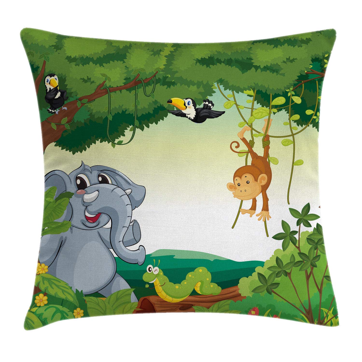 Lunarable Animals Throw Pillow Cushion Cover, Cartoon Style Animals in Green Forest Elephant Chimpanzee Parrots Illustration, Decorative Square Accent Pillow Case, 40