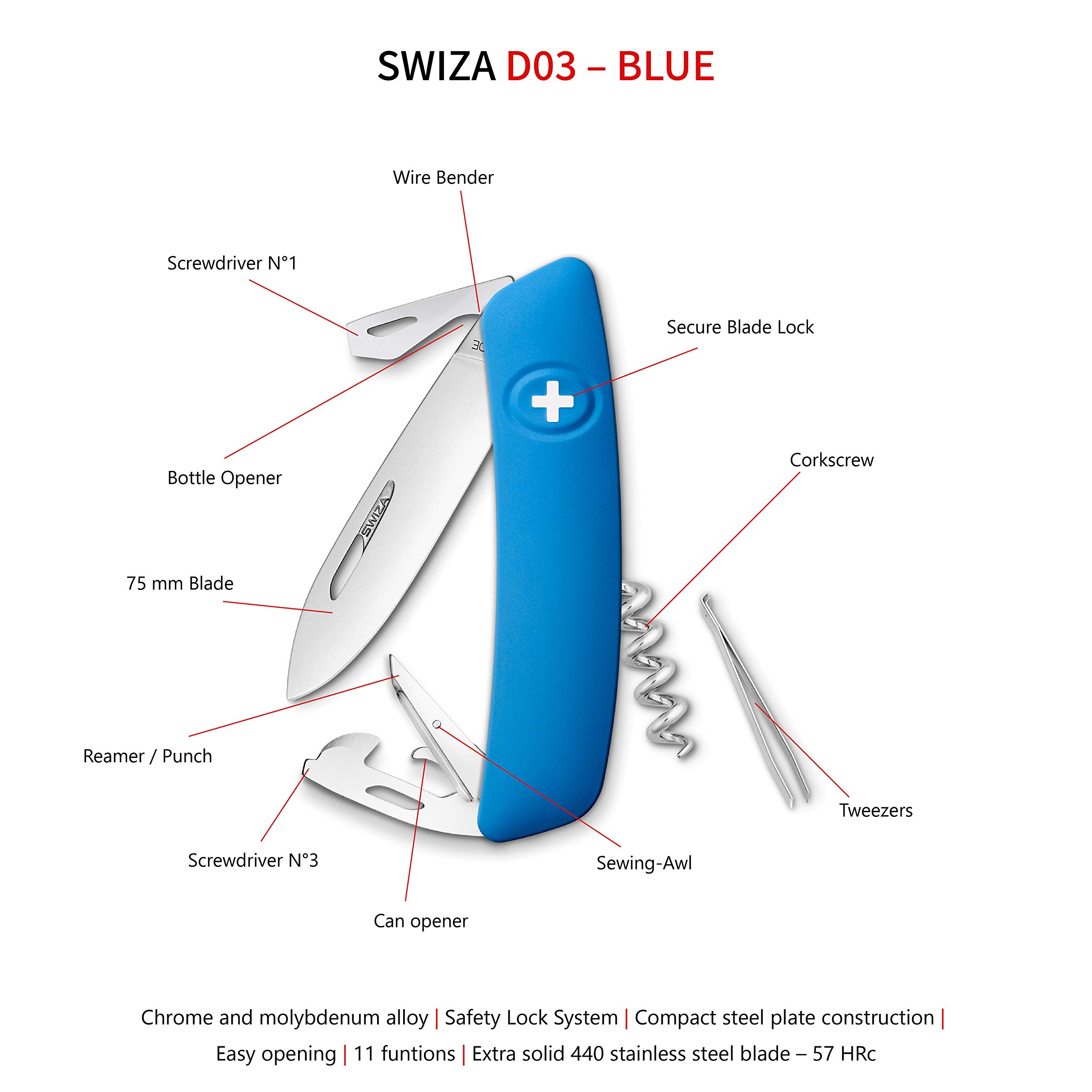 SWIZA Nóż szwajcarski D03 niebieski Długość całkowita: 16,7 cm, 75 mm