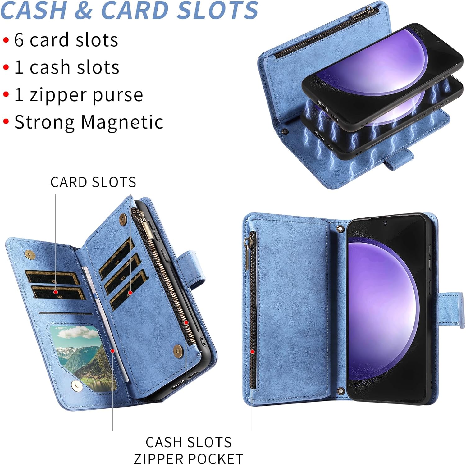 Asuwish Phone Case for Samsung Galaxy S23 FE 5G Zipper Wallet Detachable Cell Cover with Tempered Glass Screen Protector Crossbody Lanyard Strap Flip Card Holder Slot S 23 EF S23FE 23S Women Blue