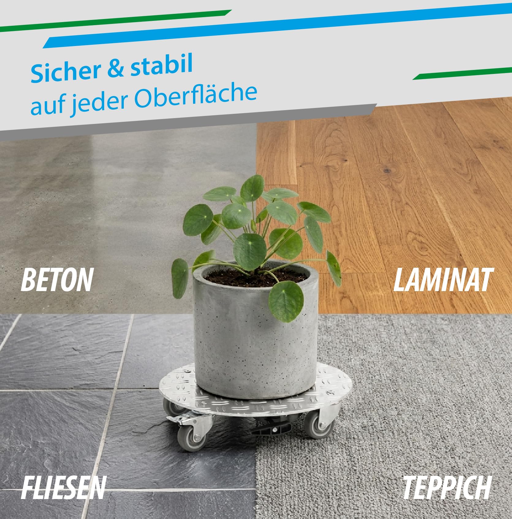 PlantMOVER Pflanzenroller mit Seilzug - 150kg Tragkraft 32,5cm rund - mit robusten Rollen - aus Aluminium-Riffelblech für besten Grip - Rollbrett für Pflanzen - Einfach ziehen Made in Germany