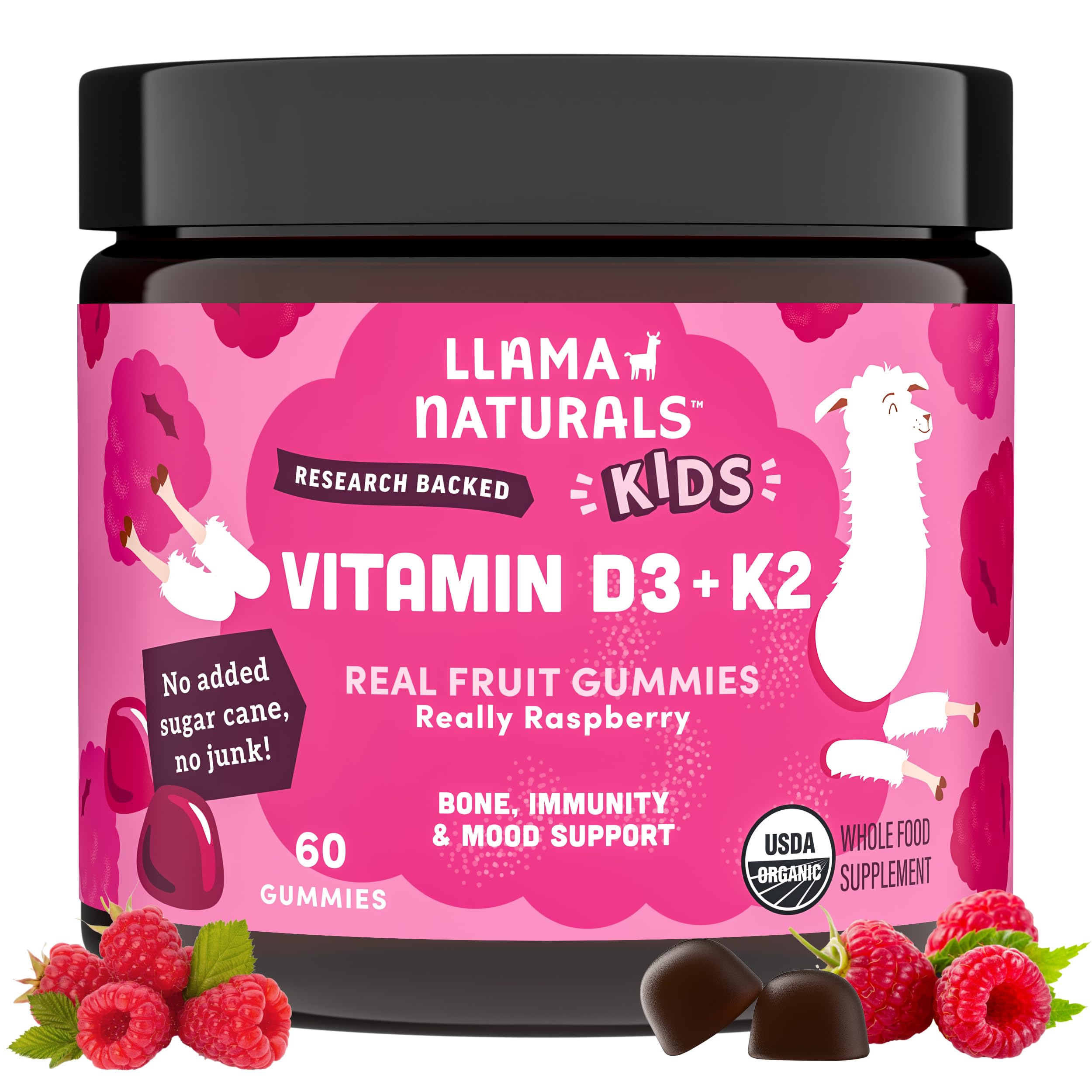 Llama Naturals Kids Vitamin D3 K2 Gummies, Vegan, Organic, Children Toddler Vitamin D Gummies, Real Fruit Gummy Vitamins, No Added Sugar Cane, Raspberry, 60 Ct