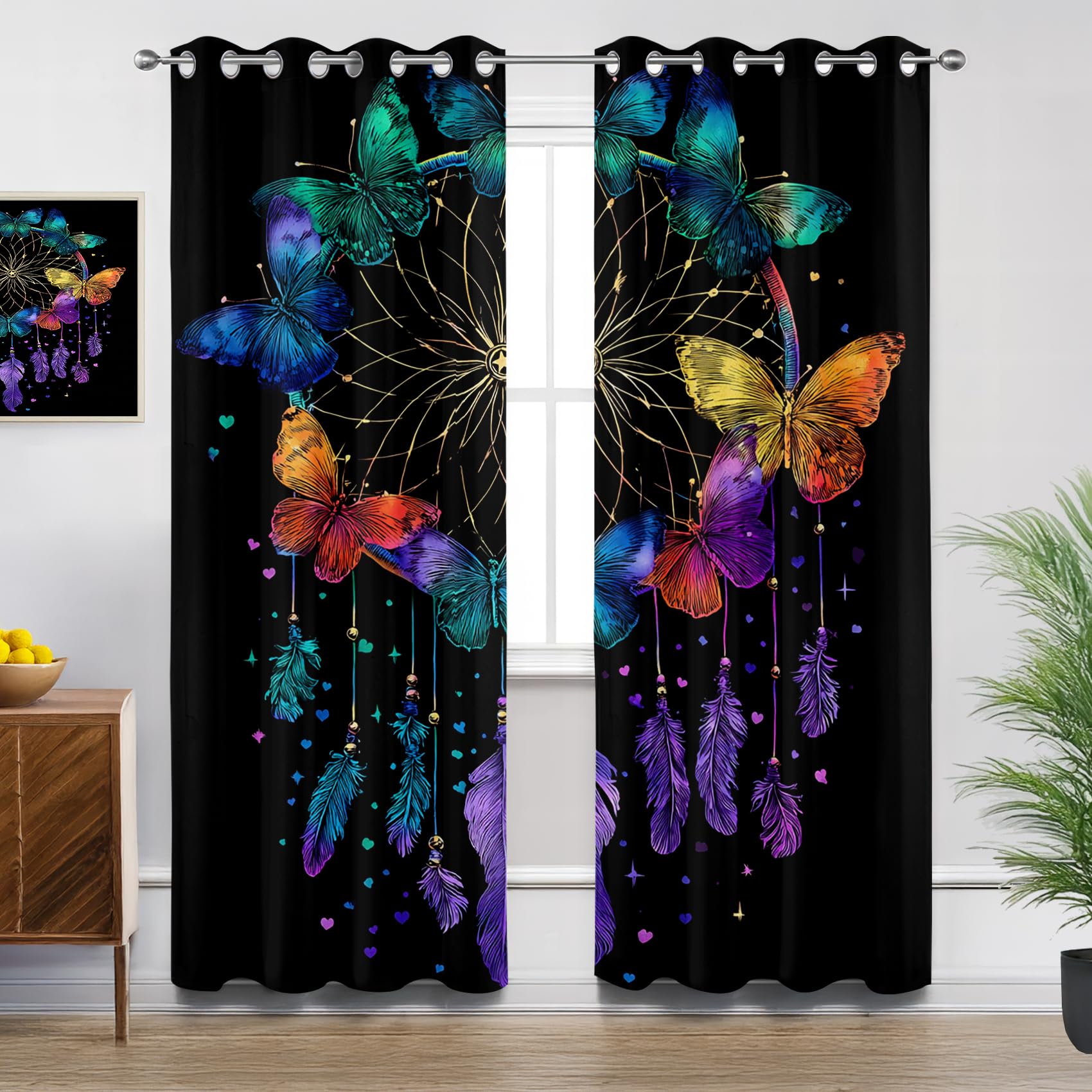 Mistela Traumfänger Schmetterling Verdunklungsvorhänge - Gardinen Boho Blickdicht Vorhang mit Ösen Verdunklungsvorhänge für Kinderzimmer Wohnzimmer Schlafzimmer Dekoration - 2er Set - H300 x B140cm