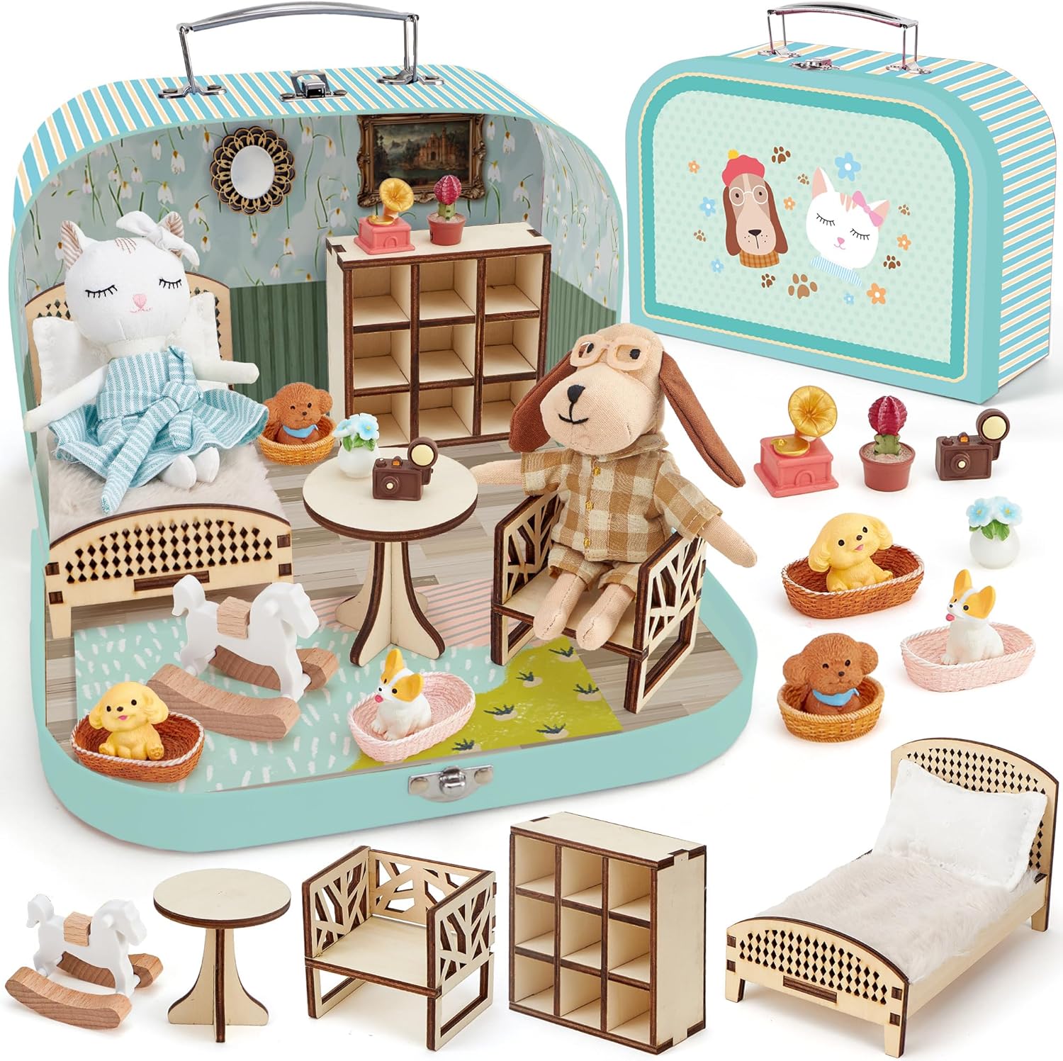 Portable Dollhouse Suitcase for Ages 3-8, Foldable Bedroom Playset with 21 Wooden Furniture, Cute Animal Dolls & Accessories, Travel-Friendly Pretend Play Toy