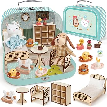 Suitcase Dollhouse Portable Dollhouse Take Away Furniture Accessories DIY Miniature House with Plush Cat and Dog Wooden Furniture Role Play Accessories Birthday Christmas Gift for Children Girls Boys from 3+