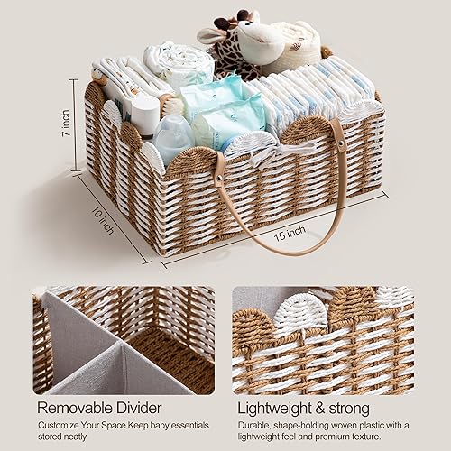 Miniatura 5 de HBlife Baby Diaper Caddy Organizer, Large Portable Scalloped Paper Rope Woven Basket with Divider, Nursery Diaper Station, Baby Shower Gifts Basket
