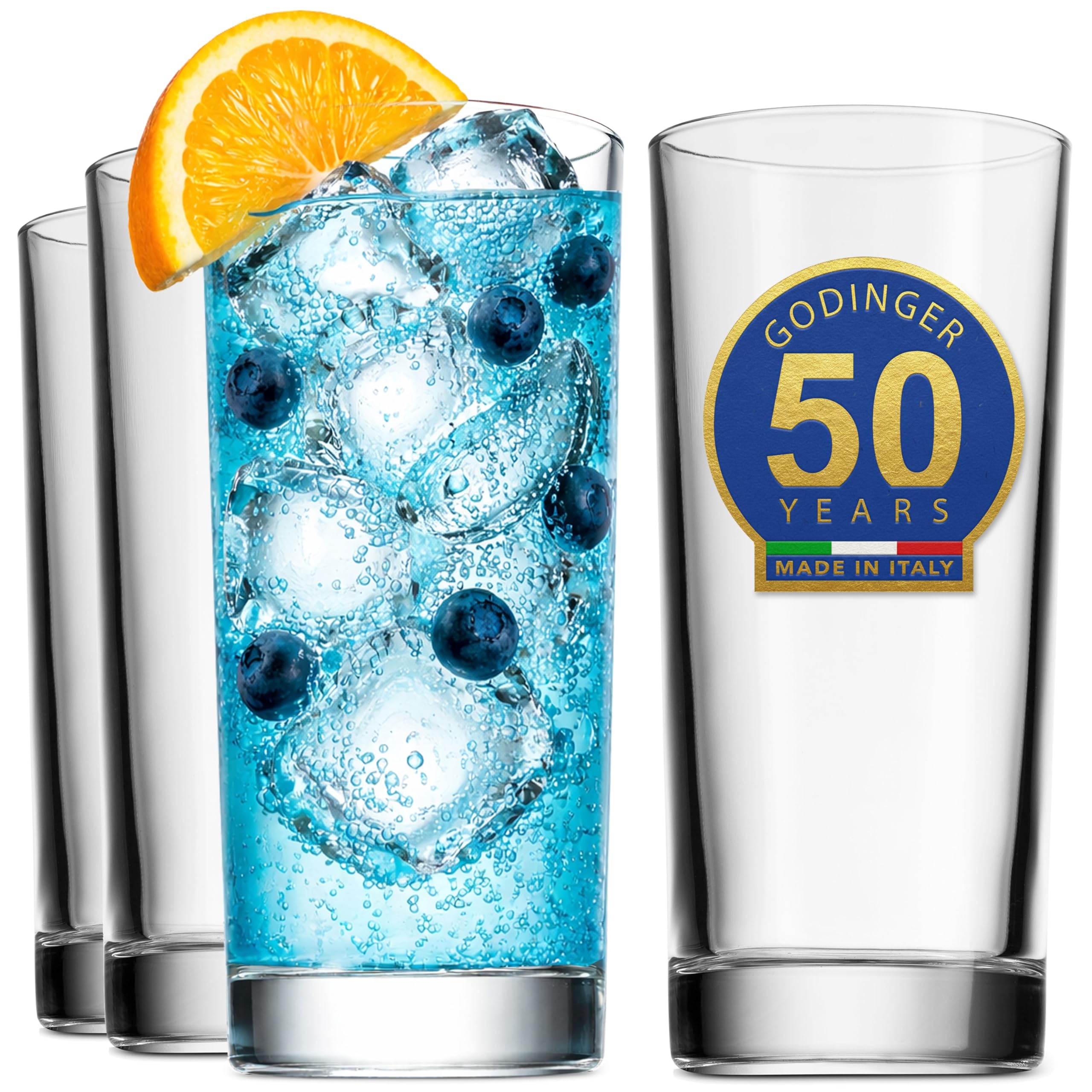 Godinger Highball Drinking Glasses, Italian Made Tall Glass Cups, Water Glasses Drinking Set, Cocktail Glasses - 14oz, Set of 4, Made In Italy