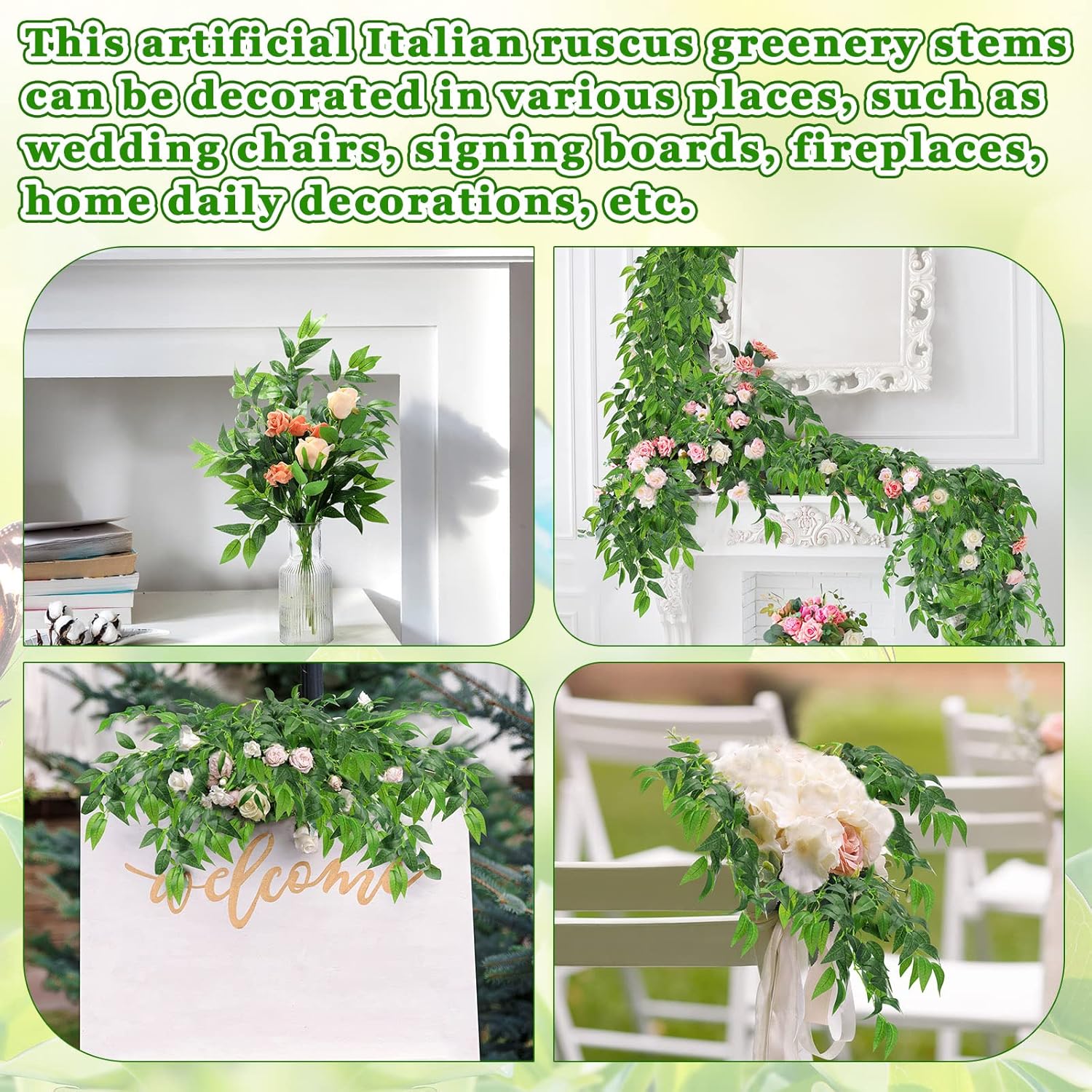 Xinnun 100 Pcs Artificial Italian Ruscus Greenery Stems 26.8 Inch Hanging Spray Fake Greenery for Centerpieces Faux Leaves Swag for Floral Arrangement Wedding Bouquet Garland Arch Home Decor