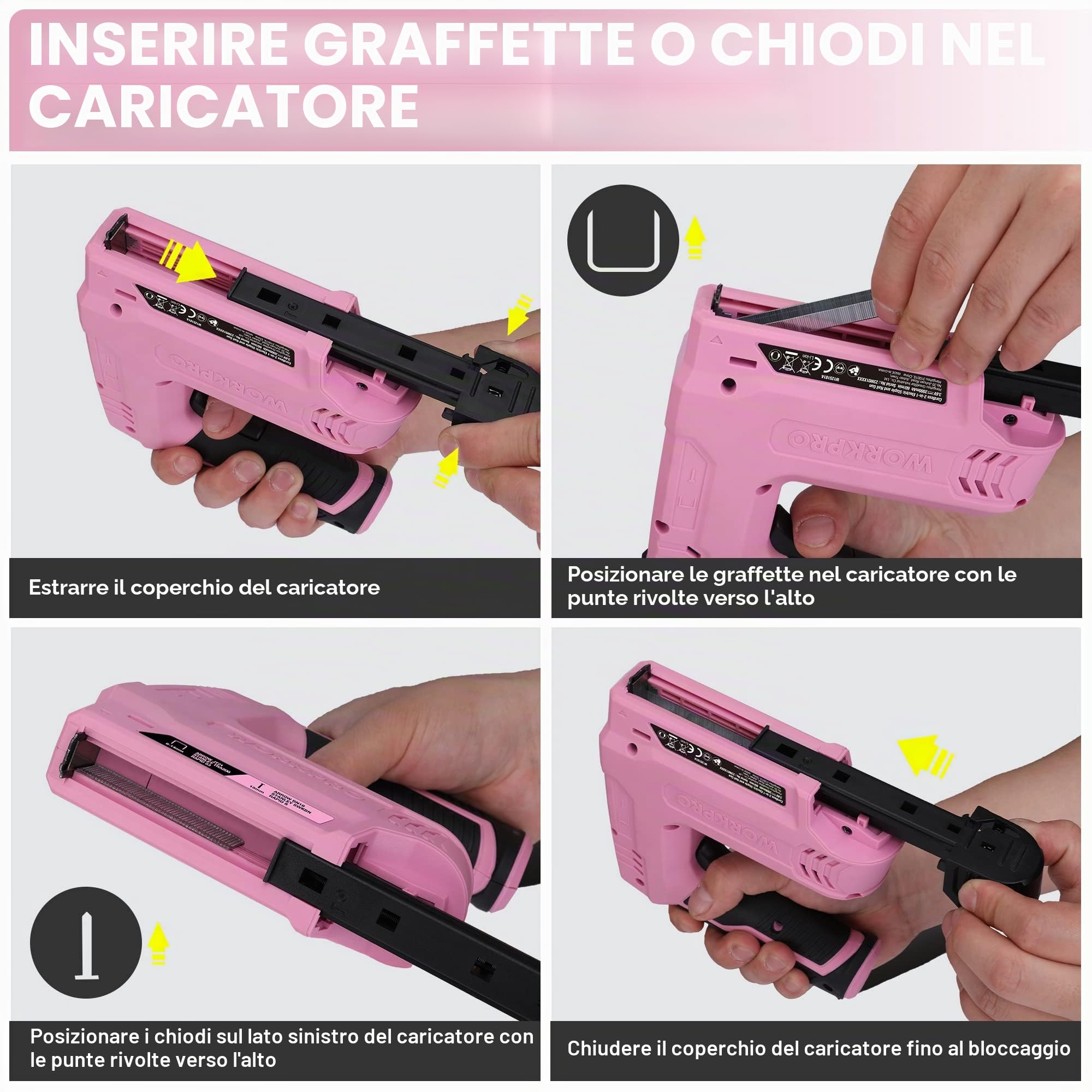 WORKPRO Cucitrice senza fili 3,6 V 2000 mAh con 2000 graffette, pinzatrice multifunzione 2 in 1, compatibile con chiodi e graffette tipo 53, 8 per progetti fai da te in arredamento, falegnameria(rosa)