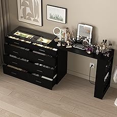 DWVO 47" W Vanity Desk with LED Light and Power Outlets, Large Makeup Vanity with Dividers and Hair Dryer Rack, 3 Level Storage Dresser Makeup Vanities Dressing Table for Bedroom, White