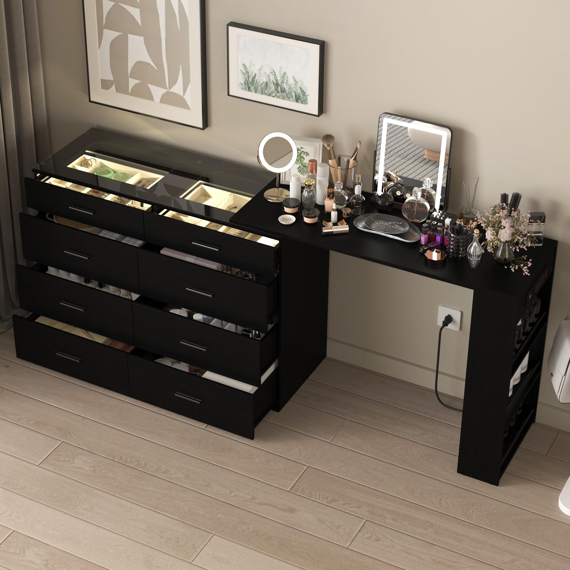 black dresser vanity NAIYUFA Glass Top with LED Lights,Makeup Vanity Desk with Power Outlets,Corner Vanity with 8 Drawers and 3 Open Storage Shelves,Extendable Modern Dressing Table : Home & Kitchen Lulus Pandora Flower Satin SHEER Size:9.5W Simple and subtle long