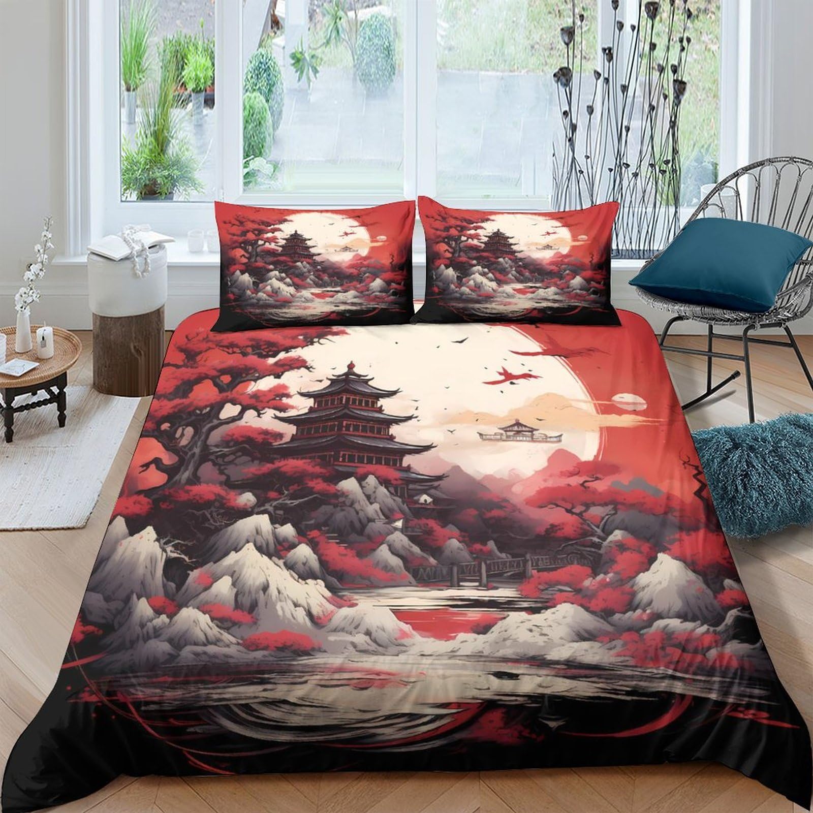 Ctjqhvkz Style-8 3D Printed Red Japanese Pagoda Fitted Sheet Microfiber Soft Artistic Moon Landscape Bed Cover For Bedroom Decor Single（135X200cm）