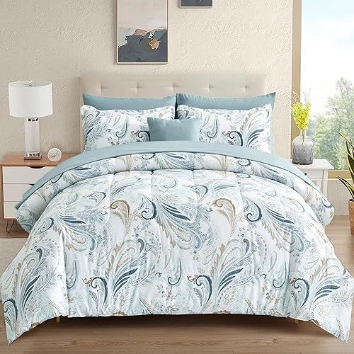 Luxudecor Juego de edredón bohemio tamaño Queen, 8 piezas de cama en una bolsa, juego de edredón floral de cachemira azul con fundas de almohada,