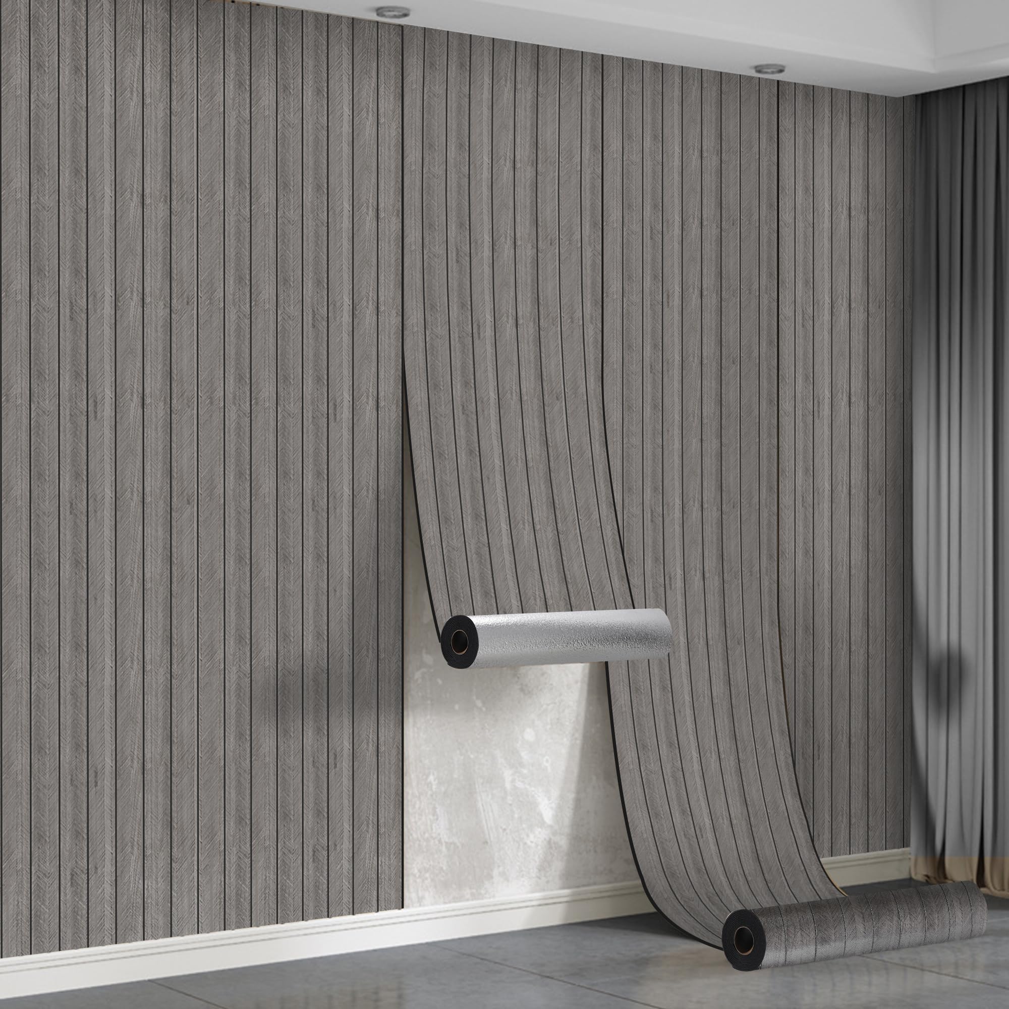 Peel and Stick Wood Slat Wall Panels - 6 Roll 3M Self Adhesive Wall Panels Wood Grain Texture, 3mm Decorative Acoustic Thermal Panels 3D PVC Wall Cover for Bedroom Living Room Feature Wall,Taupe Grey