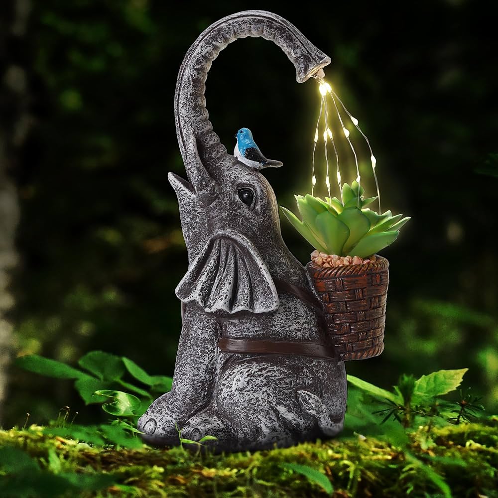FHWTY Solar Elephant Garden Statue With Watering Effect LED Lights