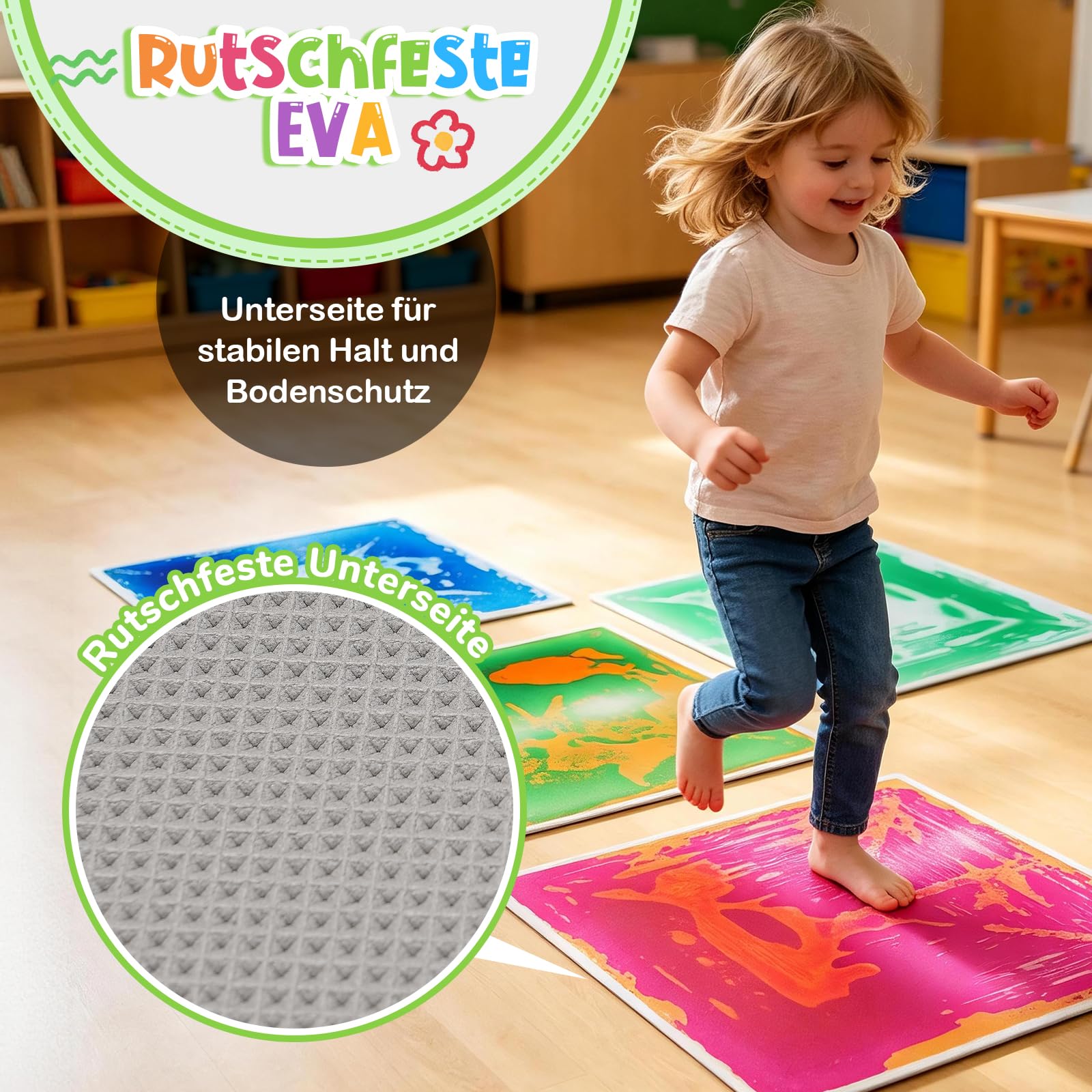 Große Sensorik Matte 50x50cm, flüssige mehrfarbige Bodenfliese PVC, CE EN71 Sensorspielzeug für Haus, Kindergarten und Autismus (4, 4pcs-5050-4COLORS)
