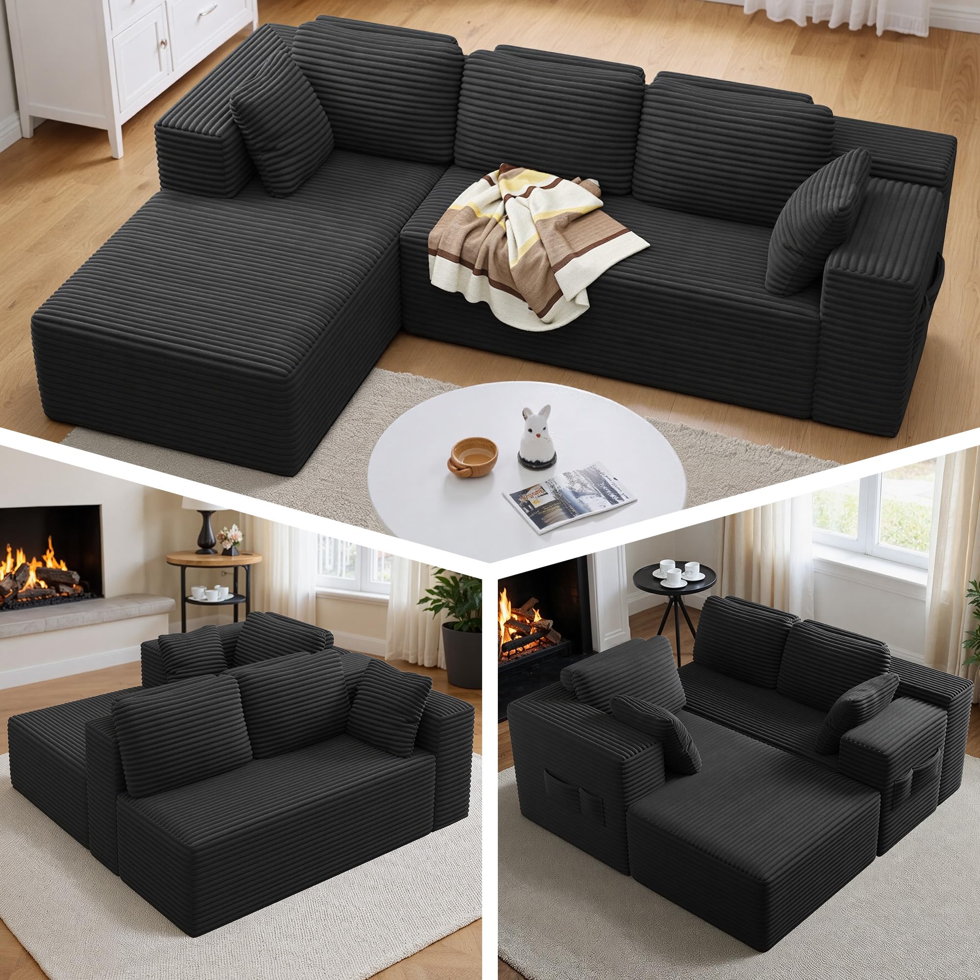 Xbro Divano Angolare a L 3 Posti Componibile, Divano con Chaise Longue Sinistra in Velluto a Coste, con Tasche Laterali e Cuscini, per Soggiorno Appartamento, 250x160x62 cm, Grigio Scuro